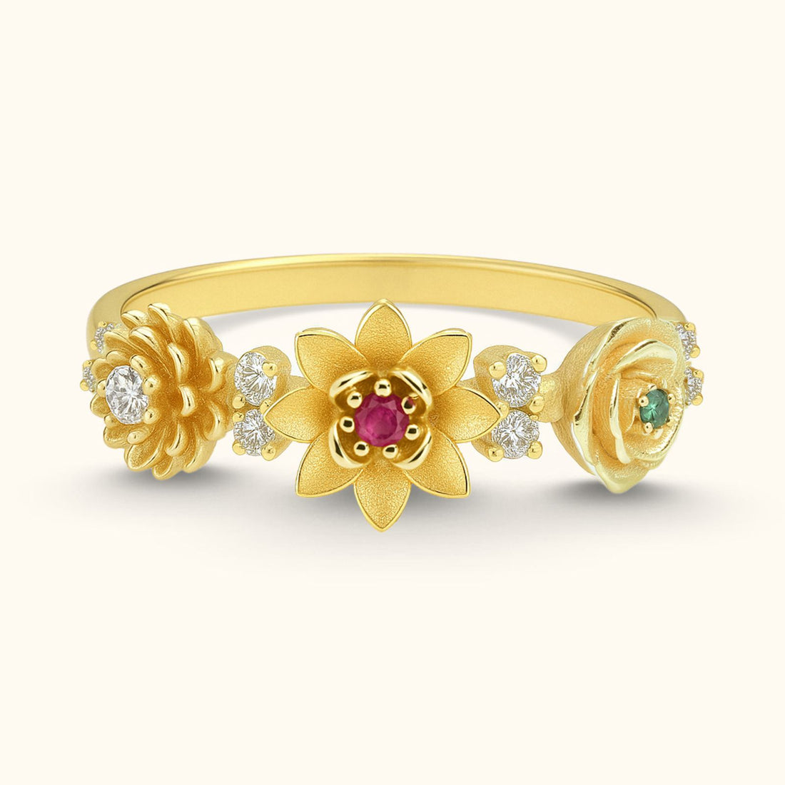 Combined Birth Flower Ring featuring gold vermeil flowers and accents, perfect for any occasion.