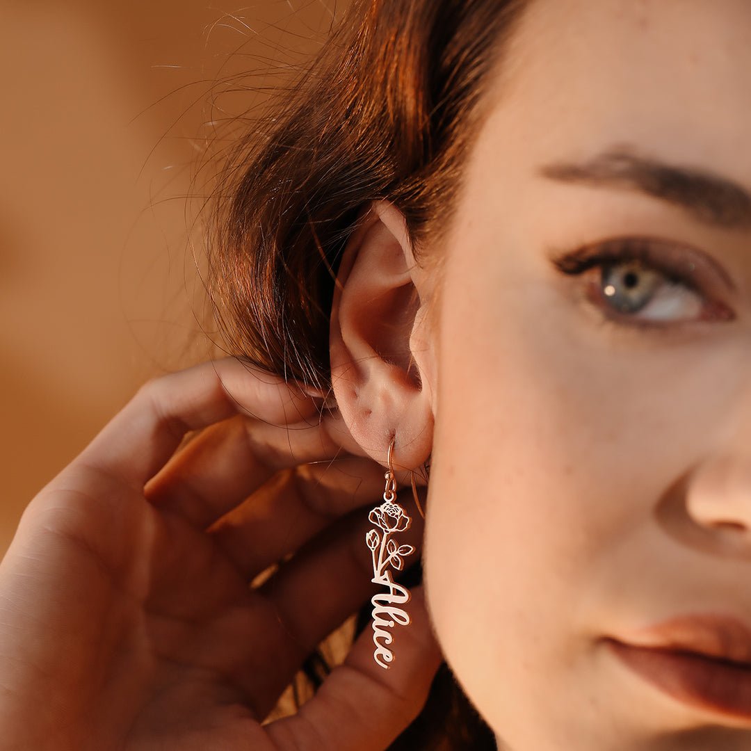 Custom Birth Flower Name Earrings - Dainty Personalized Jewelry | Custom Necklaces & Gifts