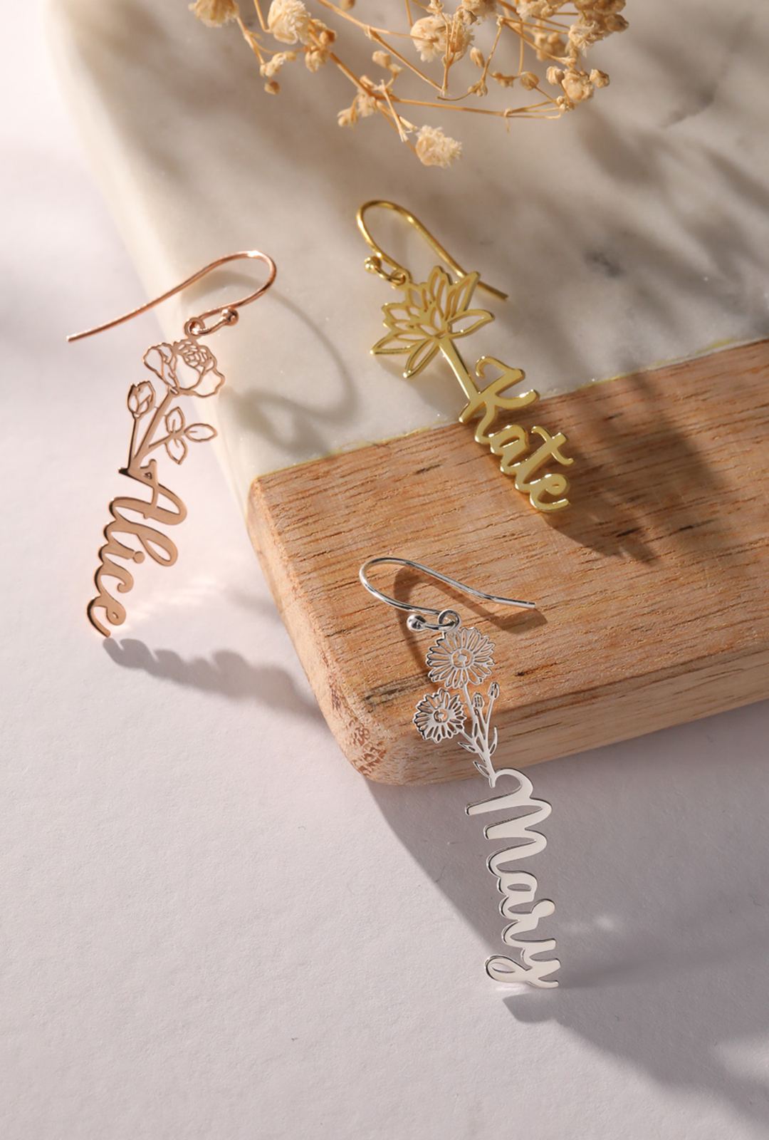 Custom Birth Flower Name Earrings - Dainty Personalized Jewelry | Custom Necklaces & Gifts