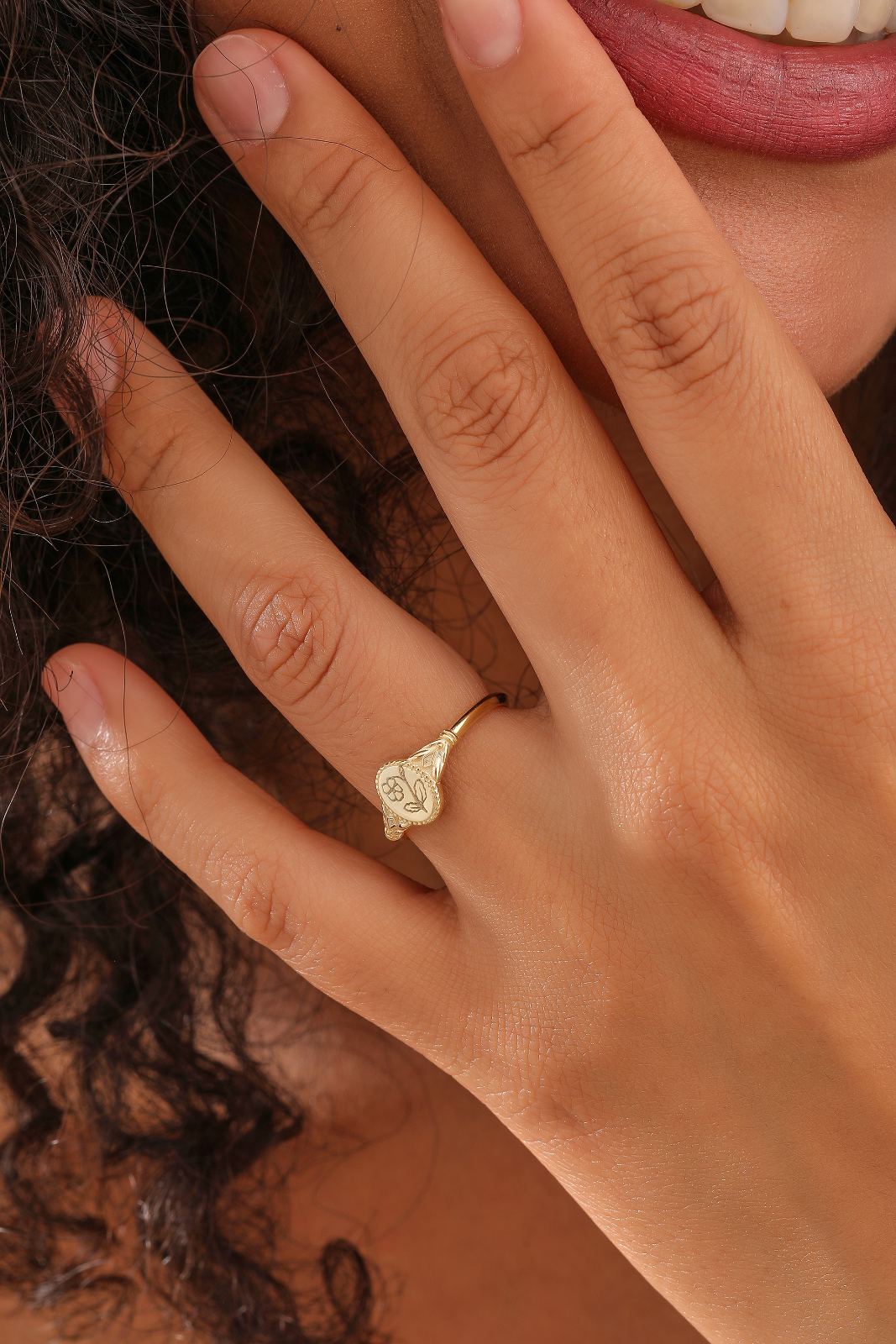 Dainty Birth Flower Signet Ring - Dainty Personalized