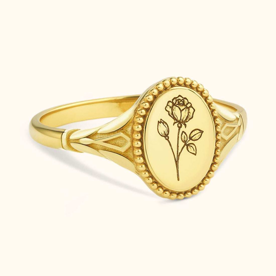 Dainty Birth Flower Signet Ring - Dainty Personalized