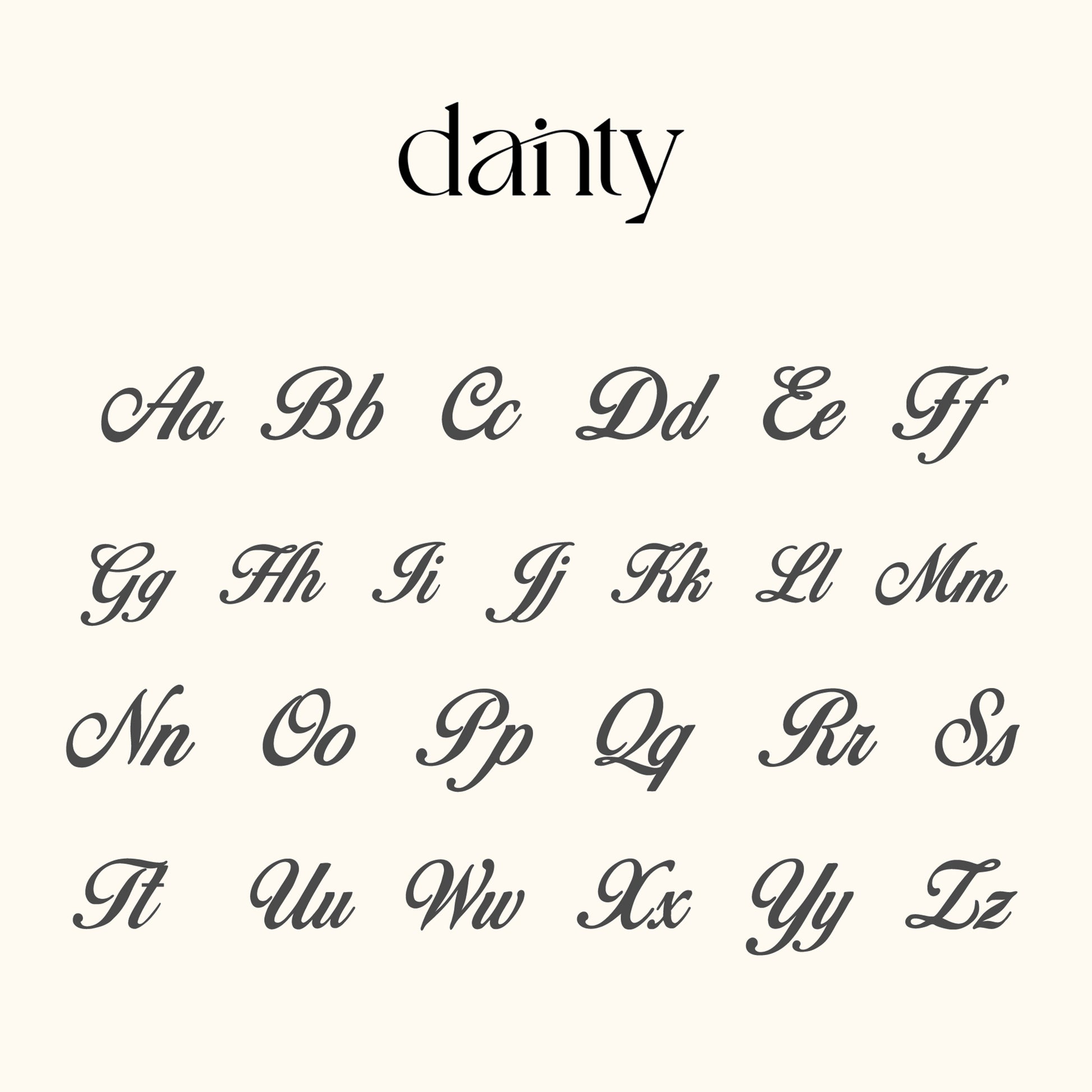 Elegant font style sample for personalized jewelry design showcasing uppercase and lowercase letters.
