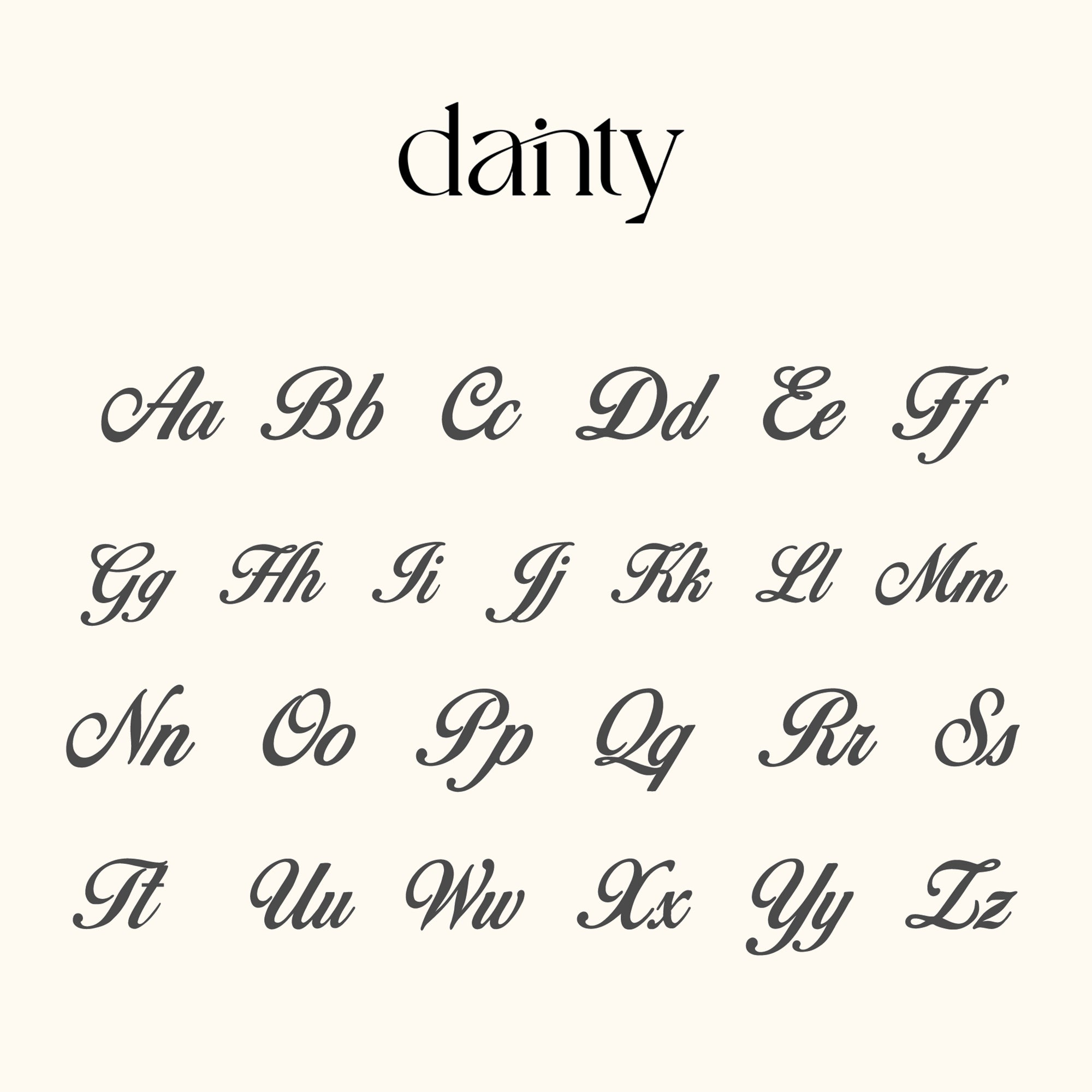 Elegant font style sample for personalized jewelry design showcasing uppercase and lowercase letters.