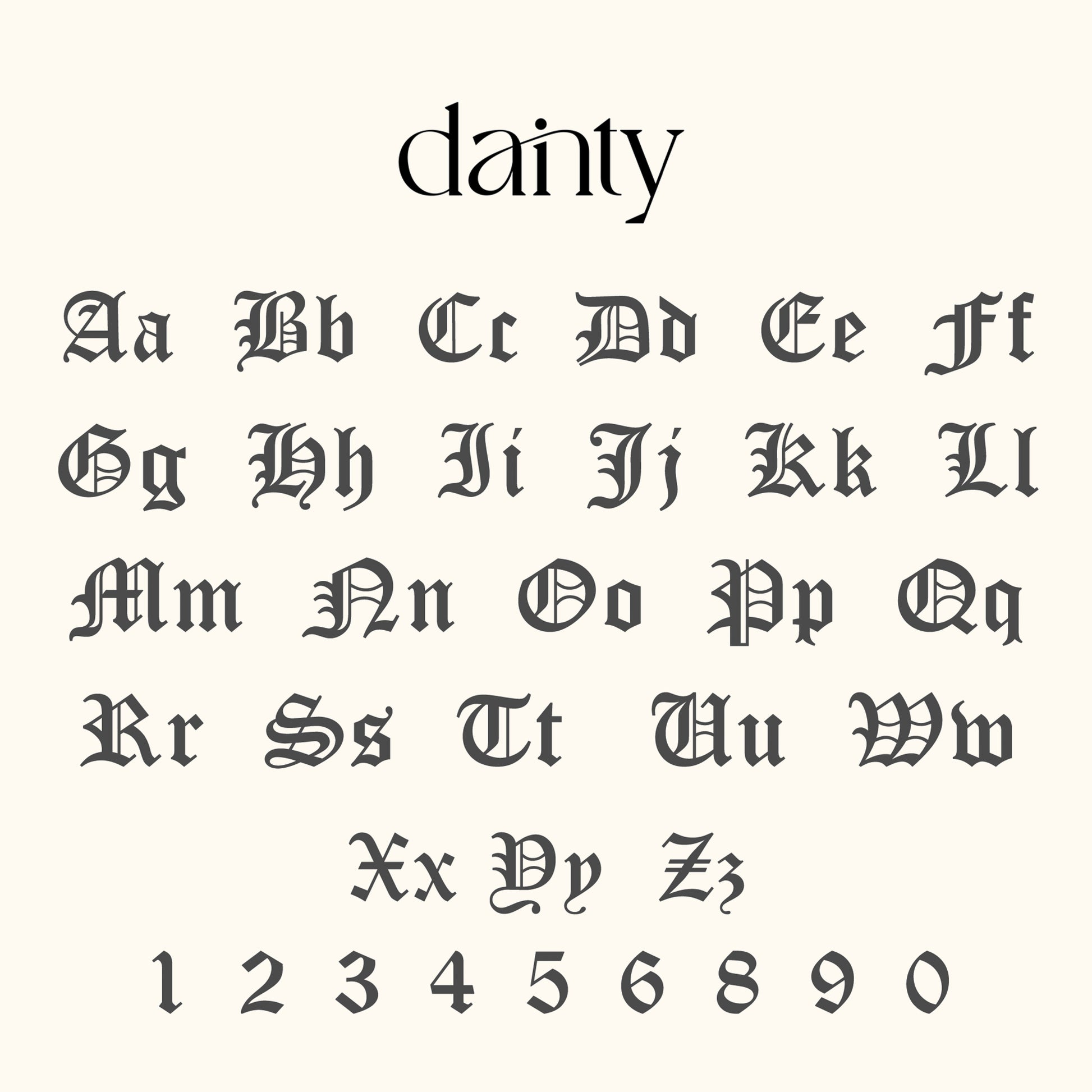 Dainty Gothic alphabet and numbers displayed in an elegant font style.
