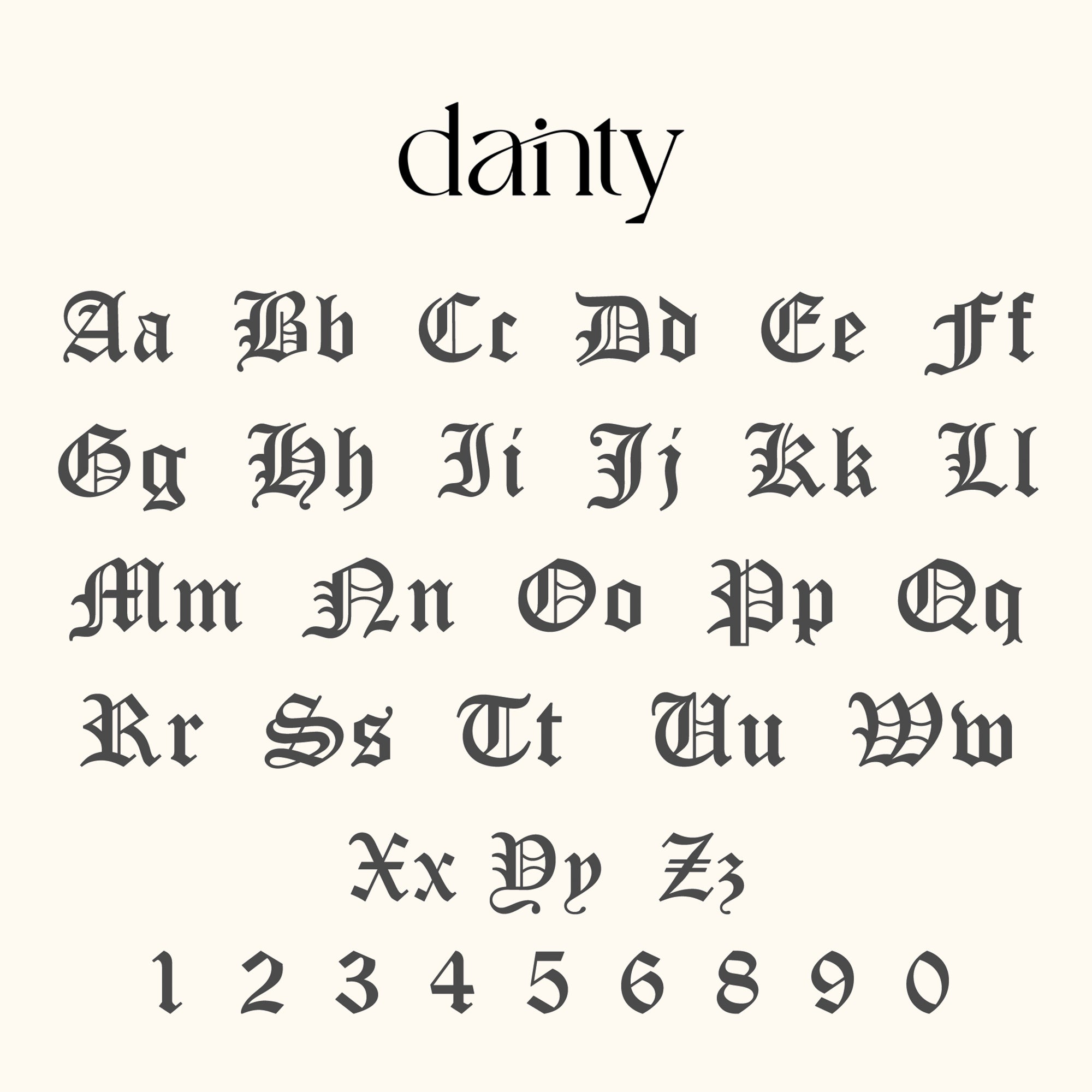 Dainty Gothic alphabet and numbers displayed in an elegant font style.