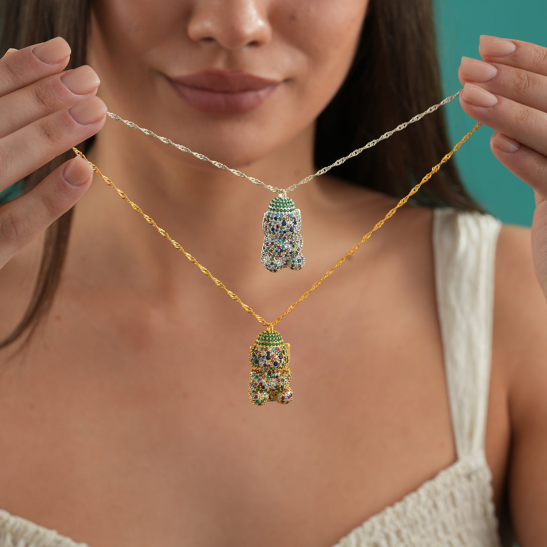 3D Teddy Bear Necklace worn by a model featuring a Singapore chain and gold filled finish
