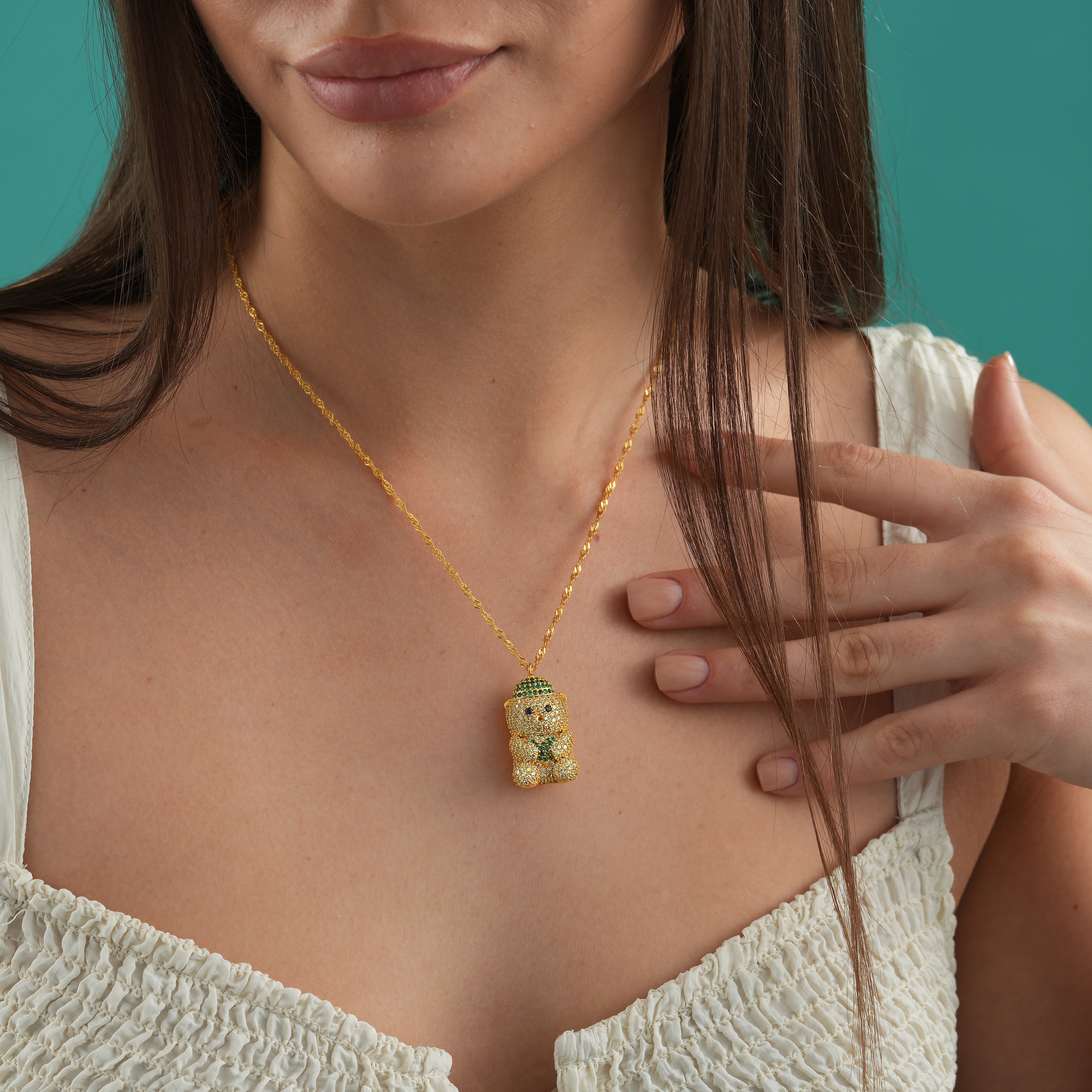 3D Teddy Bear Necklace Cubic Zirconia Singapore Chain Bearista