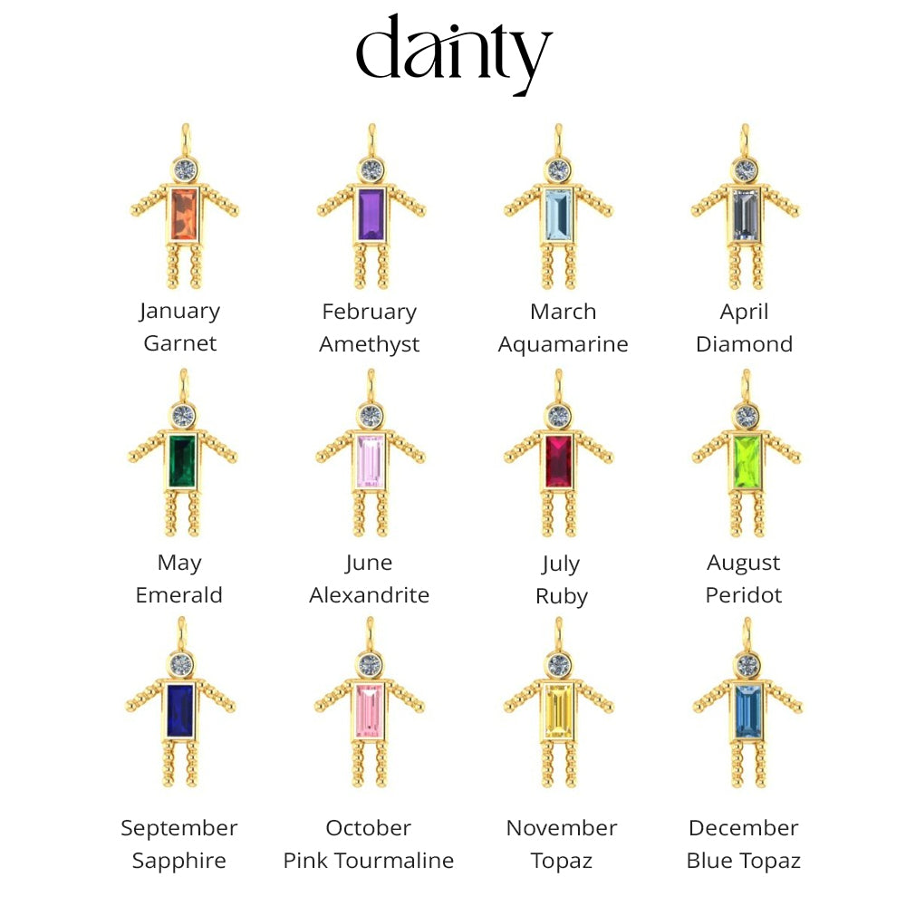 Dainty Boy Birthstone Charm Necklace with various birthstones for each month displayed in a grid layout.