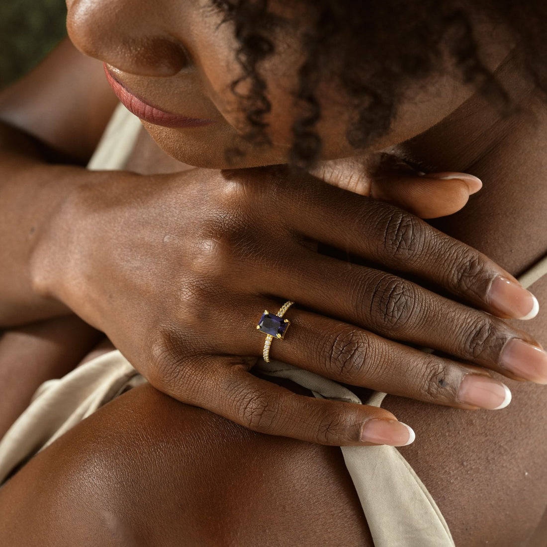 Rectangle Statement Birthstone Ring showcased on a woman's hand with a unique stone design.