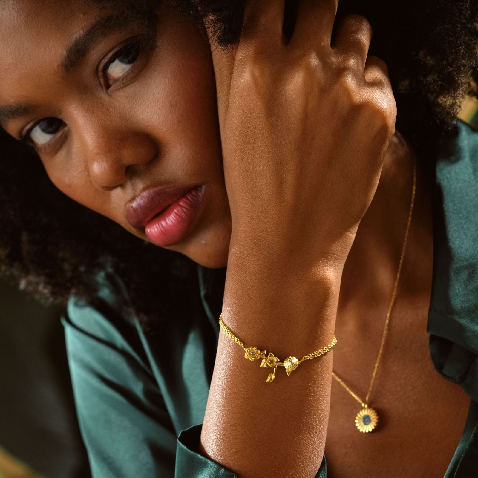 Woman wearing a Custom 3D Birth Flower Bracelet made of high-quality gold filled materials.