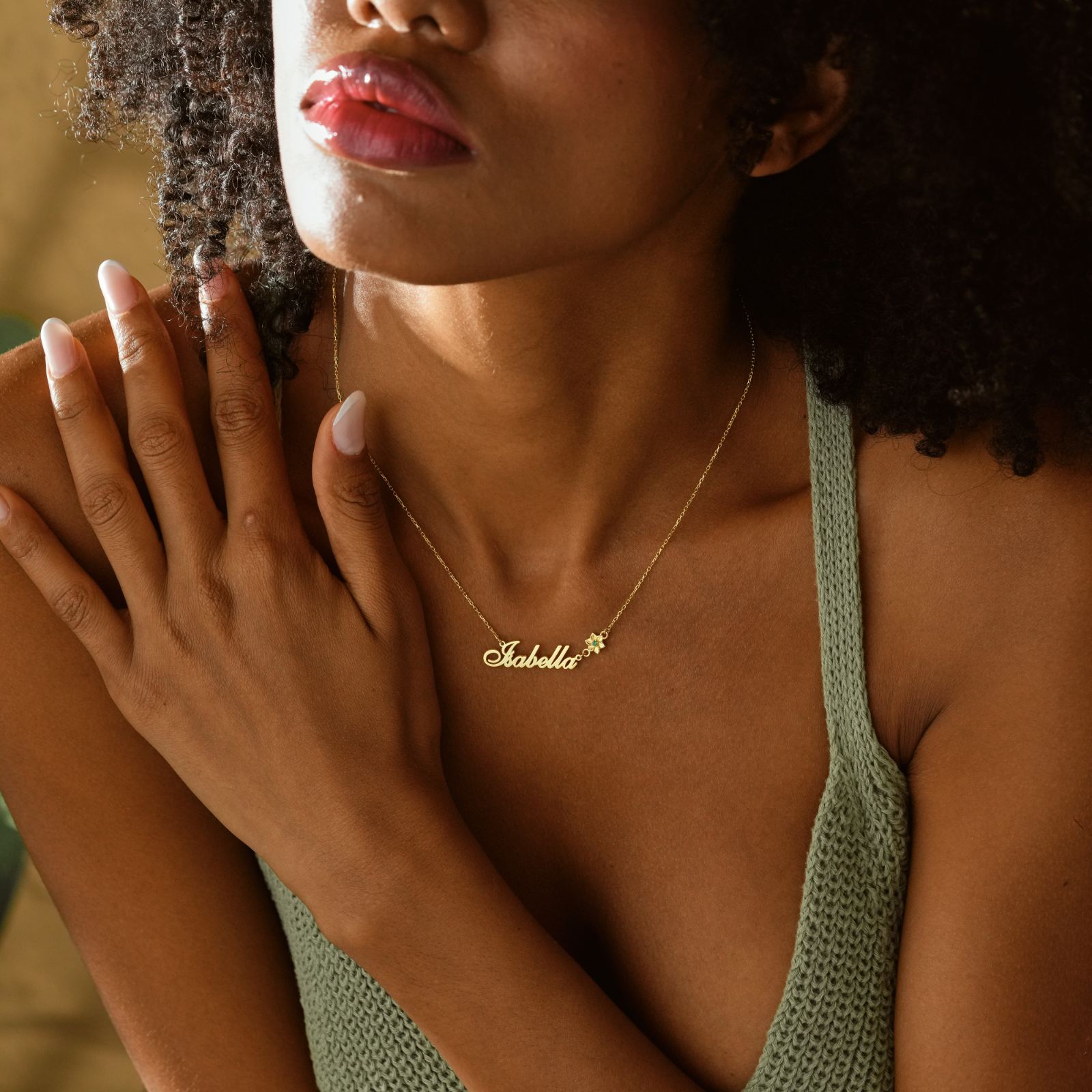 Personalized Birth Flower Name Necklace worn by a woman showcasing its elegant design and charm.