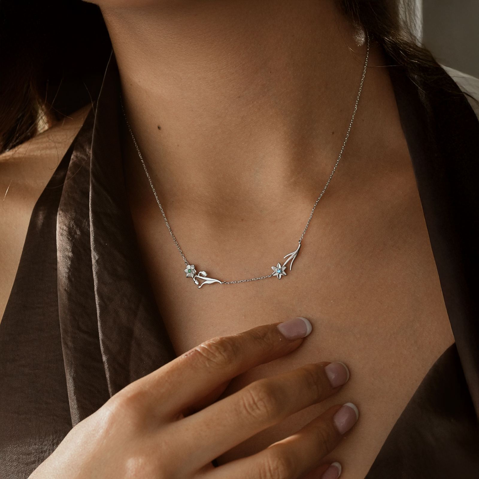 Personalized Birth Flower Necklace showcased on model wearing elegant attire