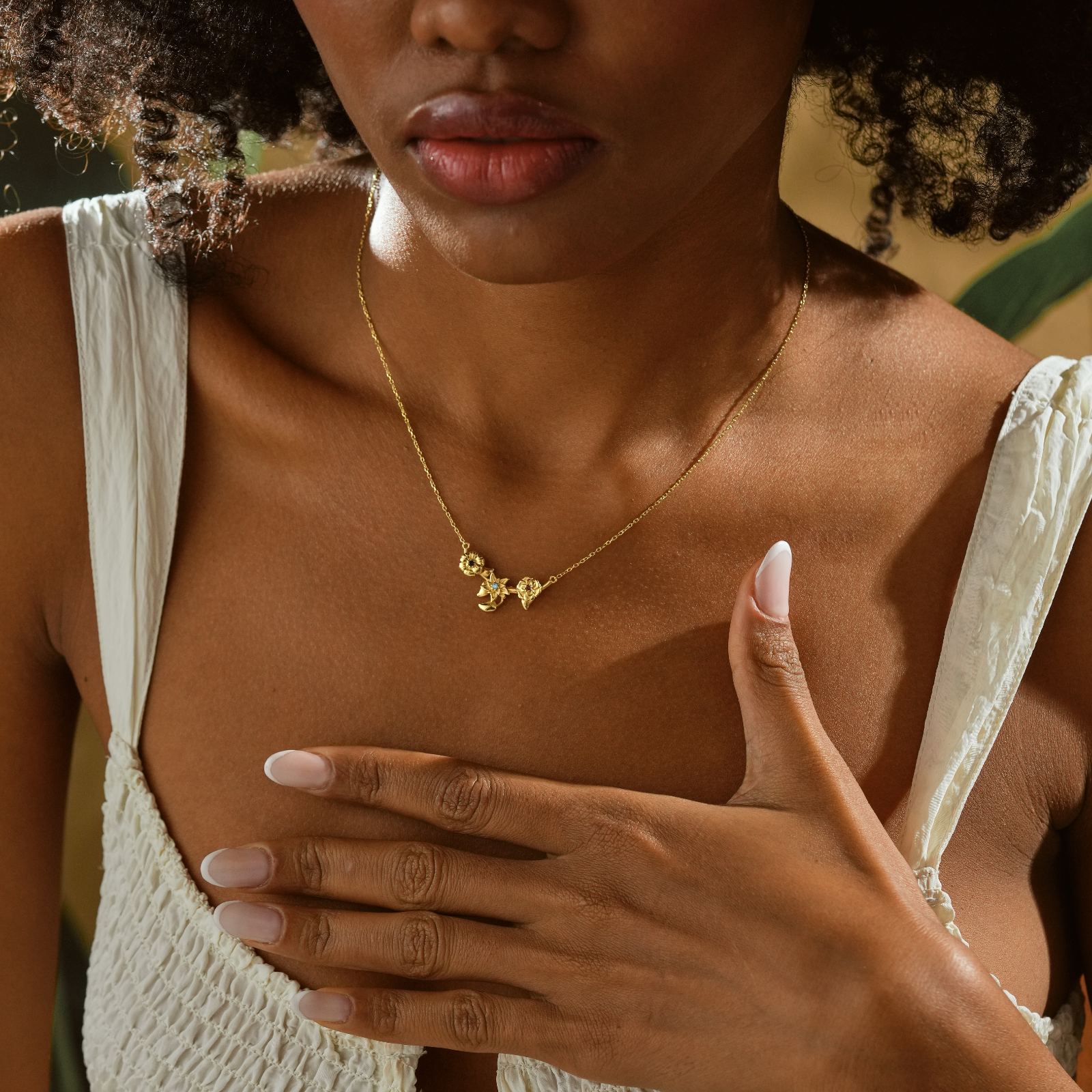 Model wearing Custom 3D Birth Flower Necklace made of high-quality solid 925 sterling silver with gold finish.