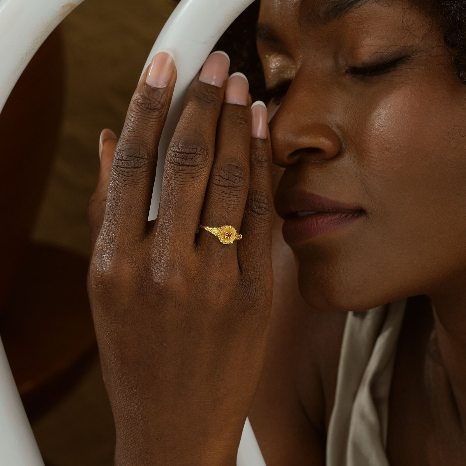 Model wearing a Custom Birth Flower Ring made of gold vermeil, showcasing elegant design and craftsmanship, perfect for gifts.