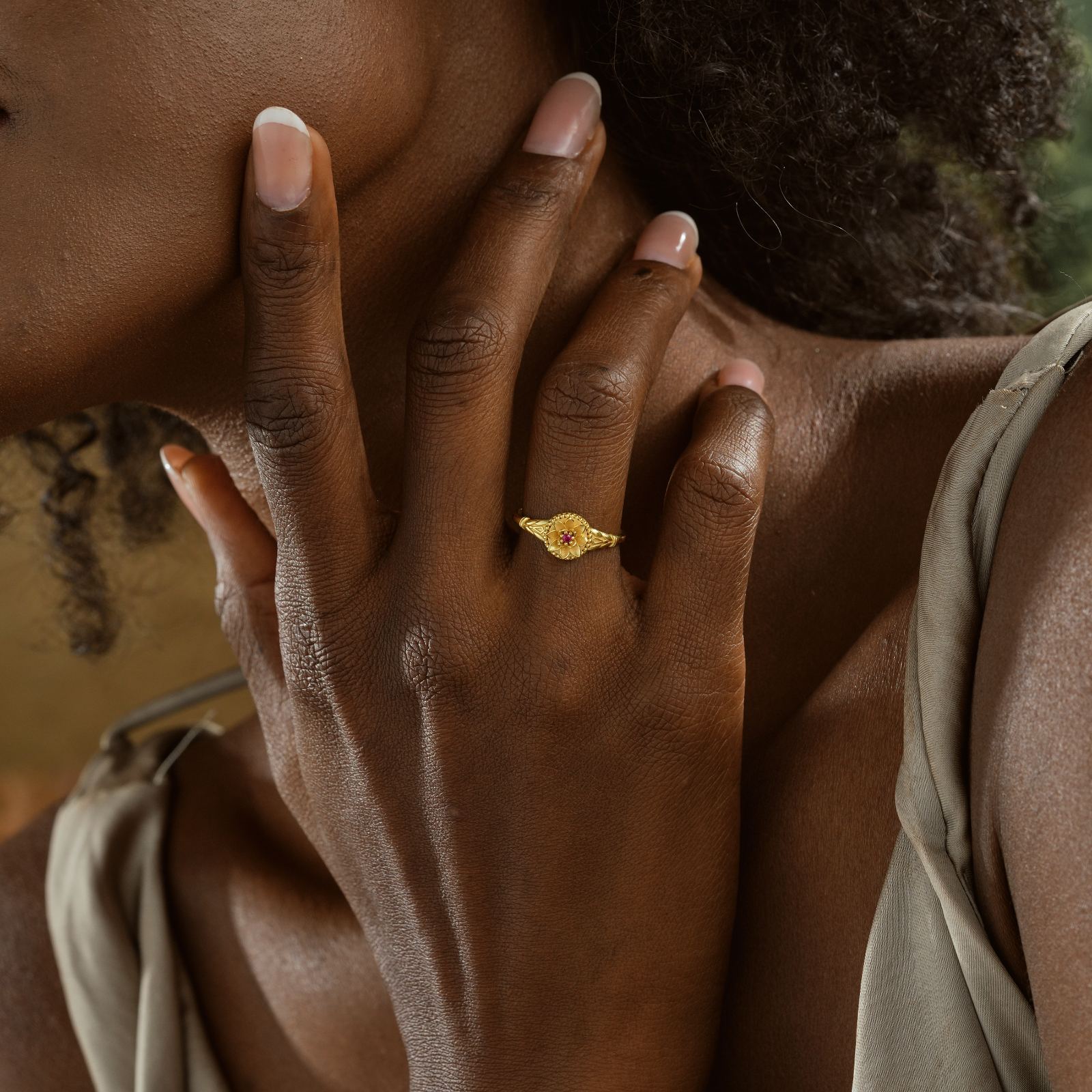 Custom Birth Flower Ring worn on hand, showcasing intricate design and high-quality gold vermeil finish.