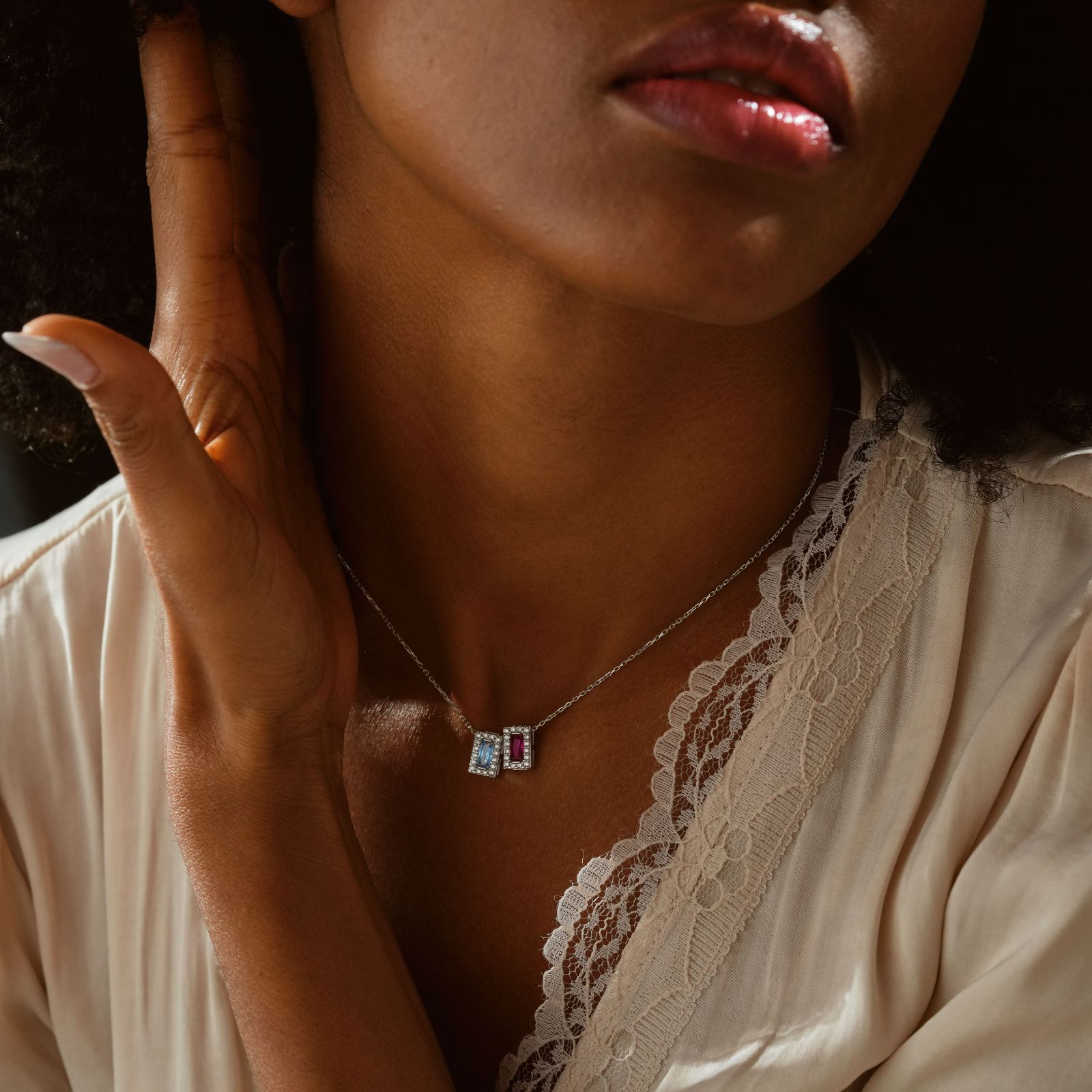 Rectangle Personalized Birthstone Necklace worn by a model, showcasing its unique design and vibrant gemstones.