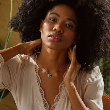 Model showcasing Rectangle Personalized Birthstone Necklace with a natural hairstyle and elegant attire.