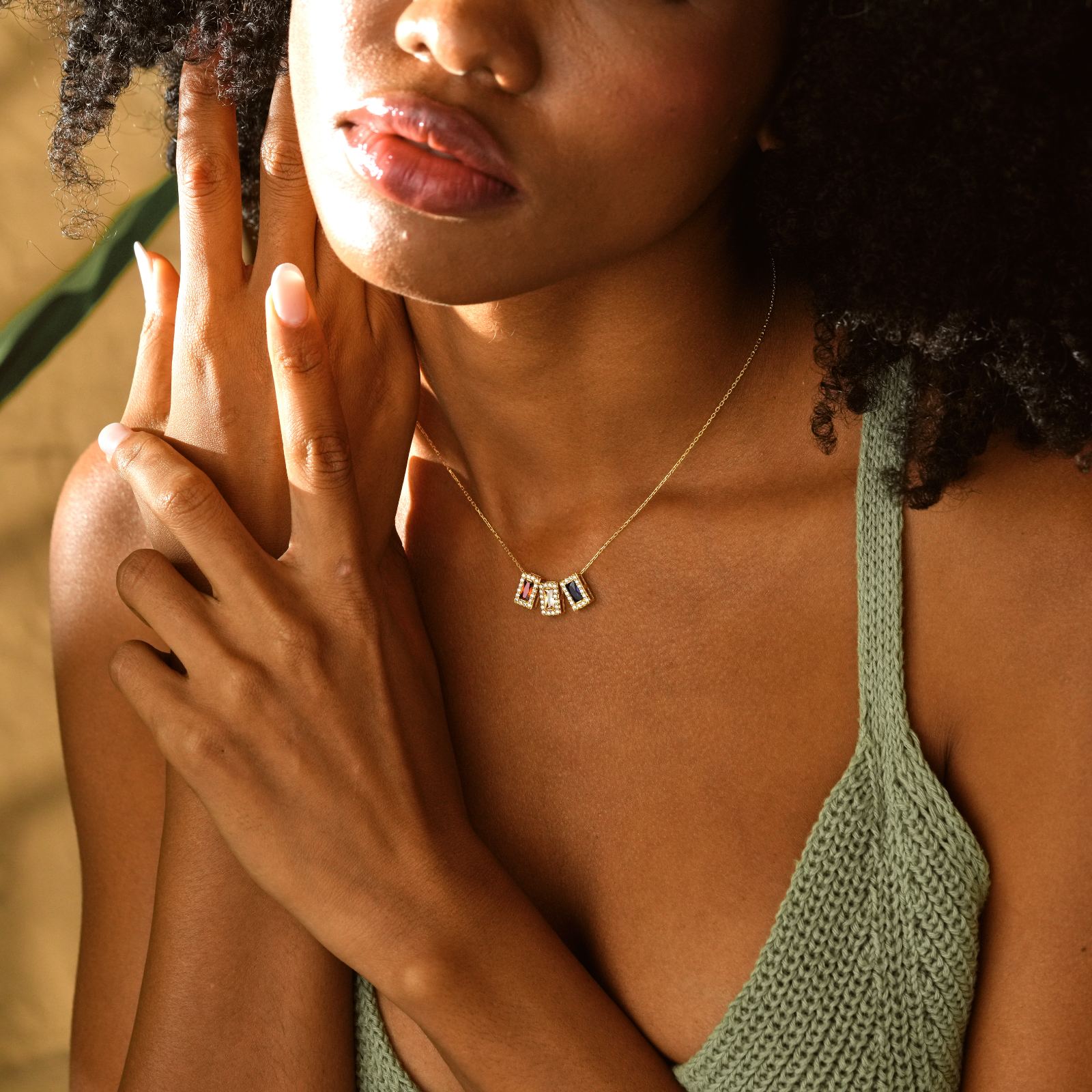 Model wearing a Rectangle Personalized Birthstone Necklace with colorful birthstone charms.