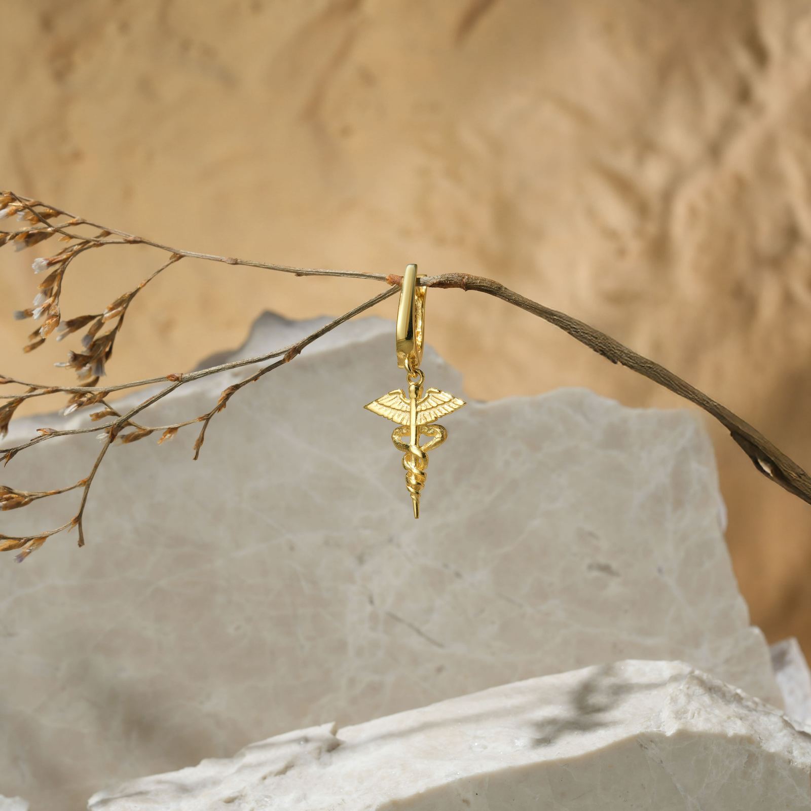 Caduceus Earrings hanging on a branch, showcasing stylish design perfect for graduation gifts.
