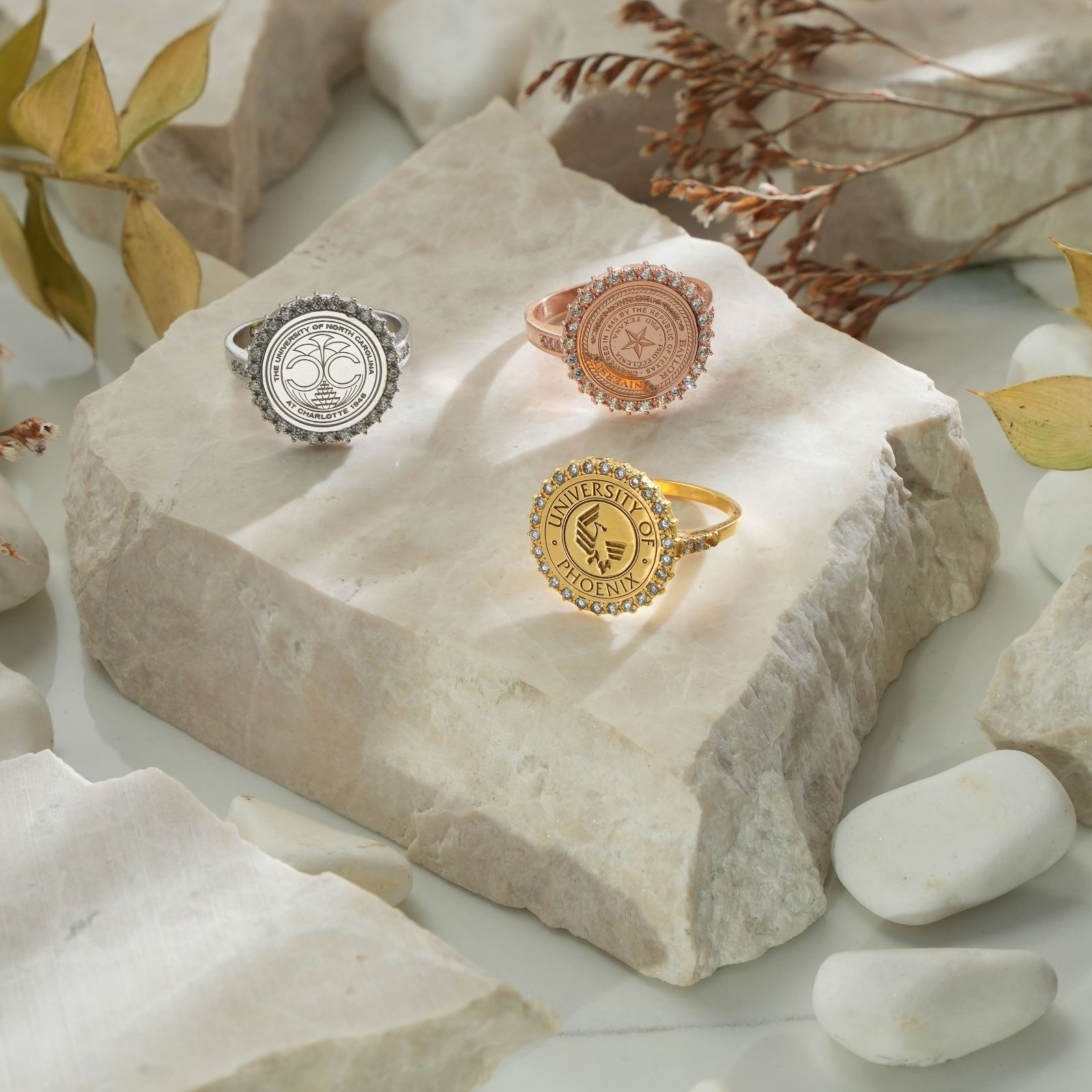 College Signet Ring Emblem Silver Cubic Zirconia - Dainty Personalized Jewelry | Custom Necklaces & Gifts