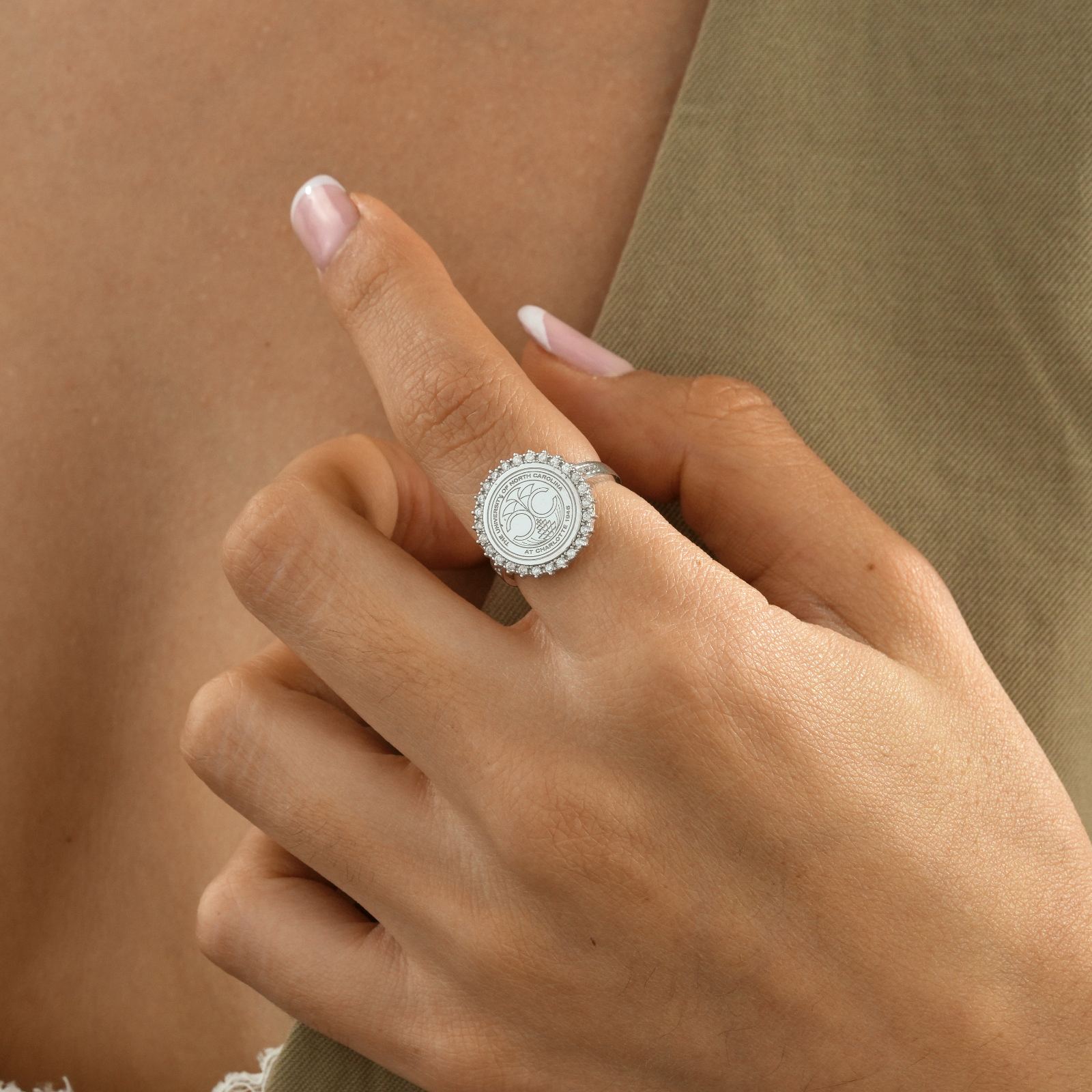 College Signet Ring Emblem Silver Cubic Zirconia - Dainty Personalized Jewelry | Custom Necklaces & Gifts