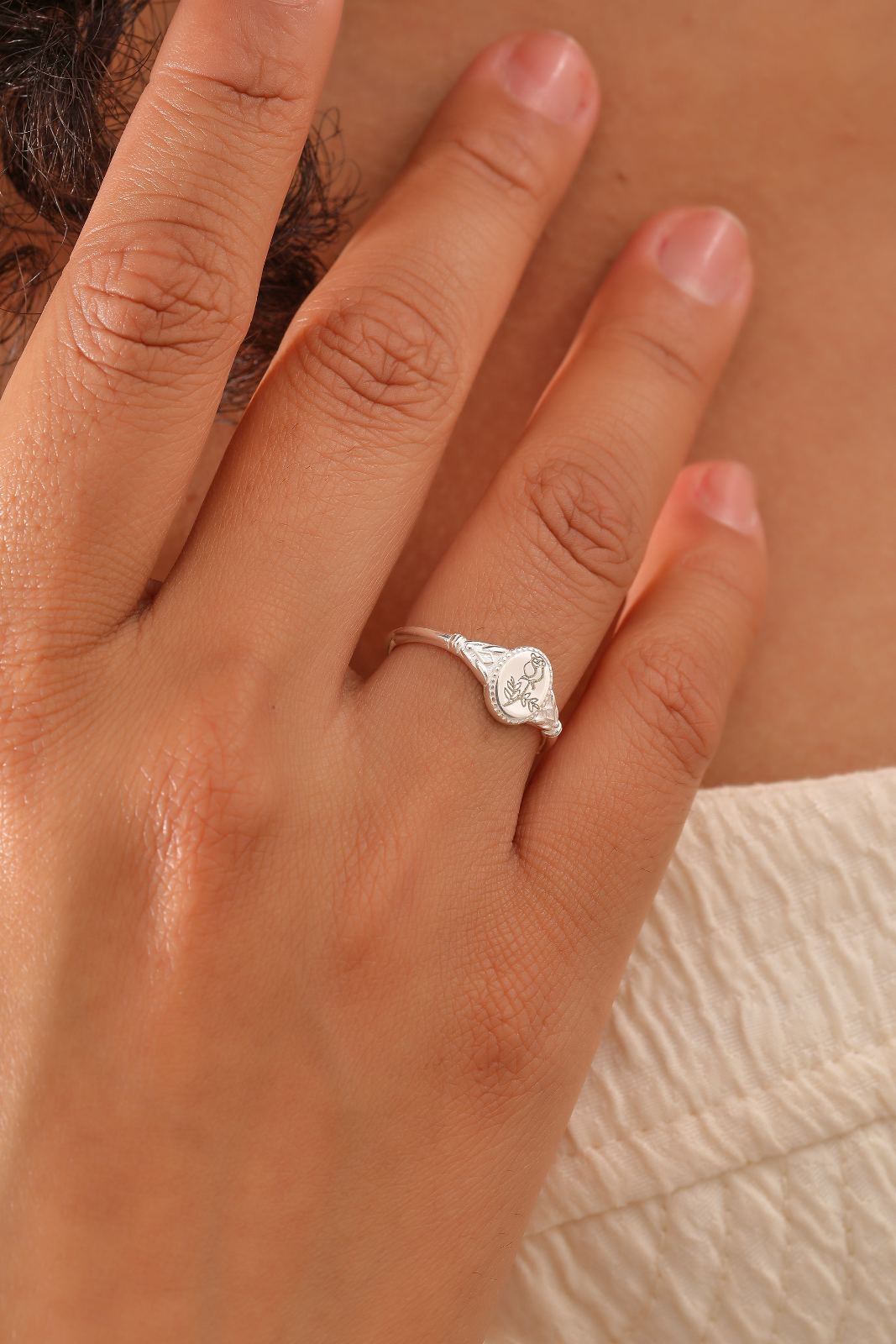 Dainty Birth Flower Signet Ring - Dainty Personalized