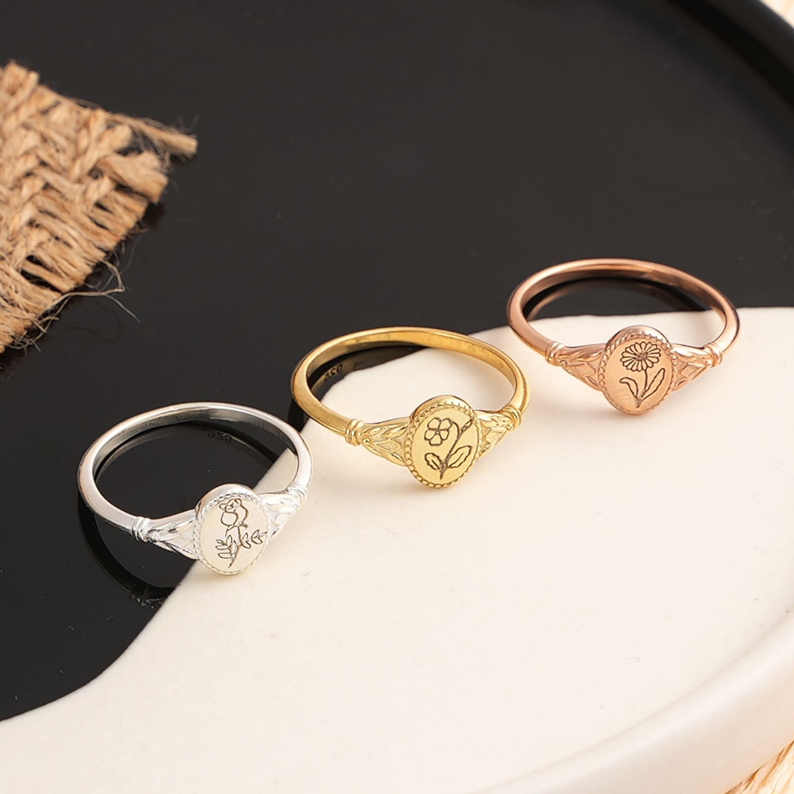 Dainty Birth Flower Signet Ring - Dainty Personalized