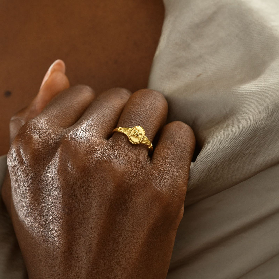 Woman wearing a Dragonfly Pinky Ring in gold vermeil on her hand.