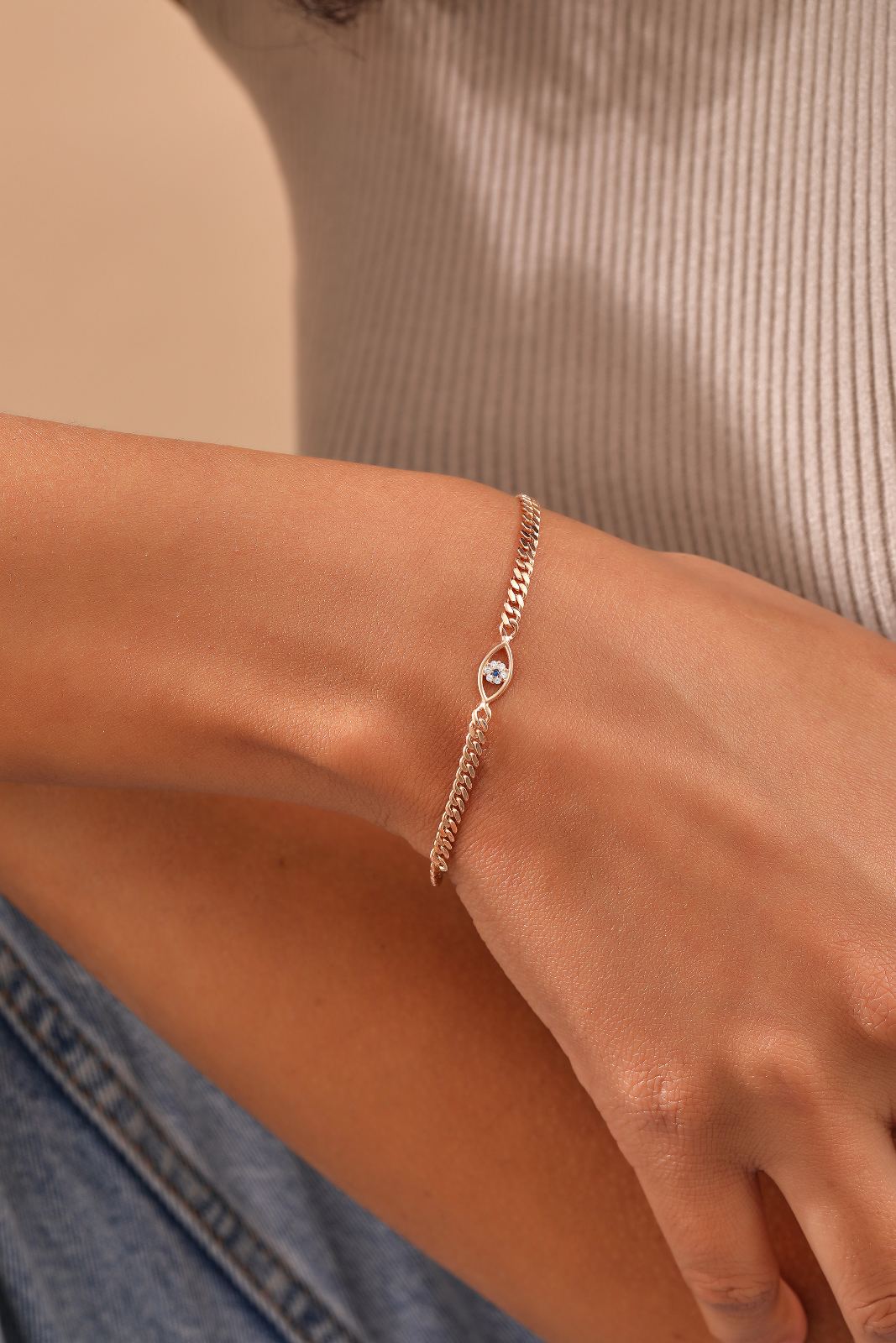 Elegant Sterling Silver Evil Eye Figaro Bracelet - Dainty Personalized Jewelry | Custom Necklaces & Gifts