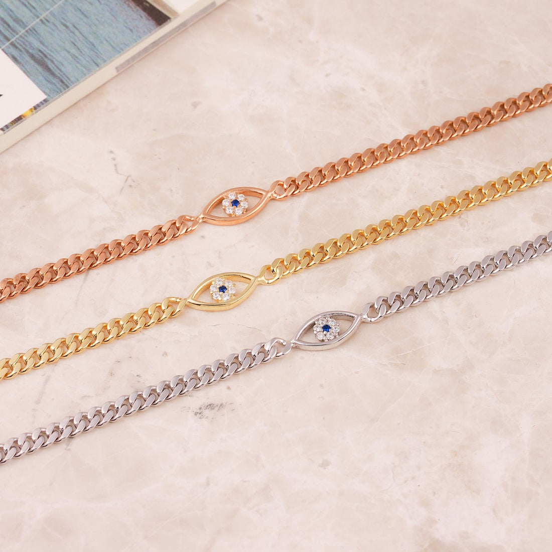 Elegant Sterling Silver Evil Eye Figaro Bracelet - Dainty Personalized Jewelry | Custom Necklaces & Gifts