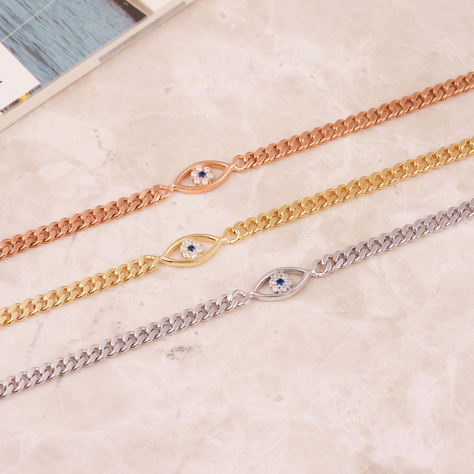 Elegant Sterling Silver Evil Eye Figaro Bracelet - Dainty Personalized Jewelry | Custom Necklaces & Gifts