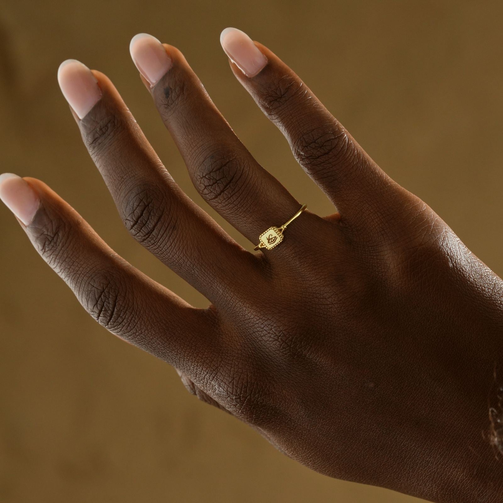 Hand wearing Eye of Ra Signet Ring, showcasing the intricate design in gold vermeil.
