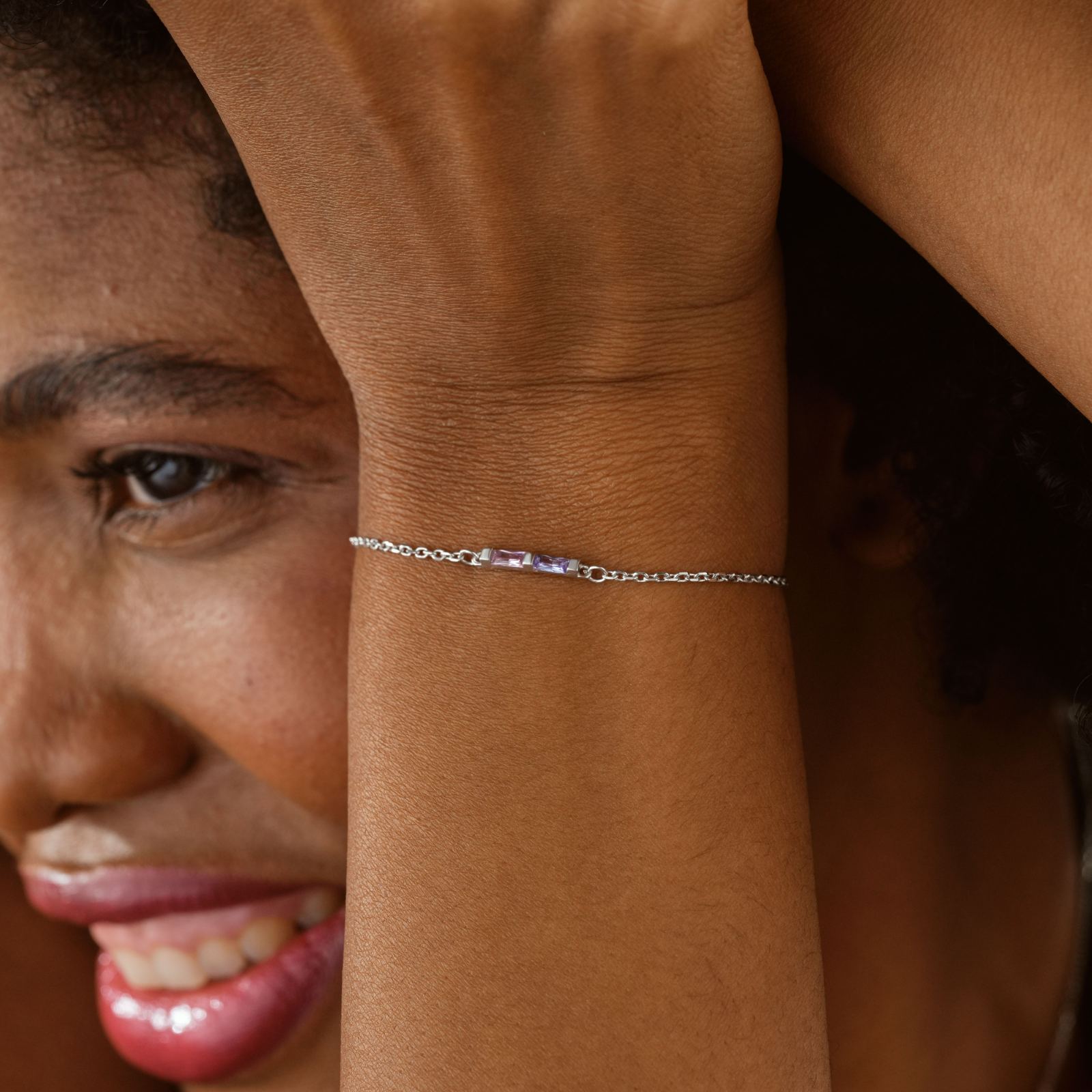 Elegant Gold Filled Birthstone Bracelet worn on a woman's wrist, showcasing the intricate design and elegance.