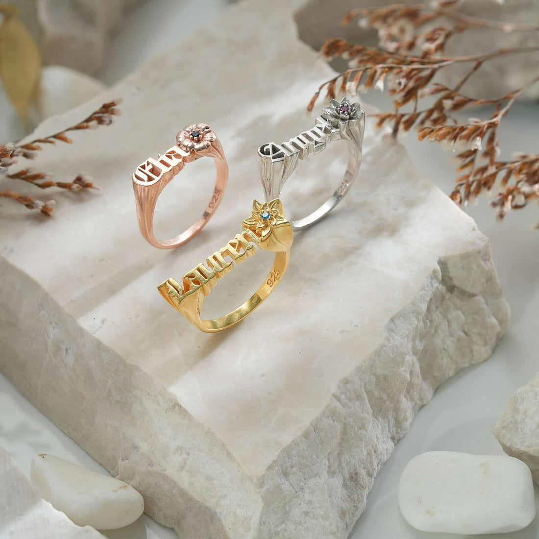 Gothic Style Name Ring with Birth Flower worn by a model, showcasing the gold vermeil finish.