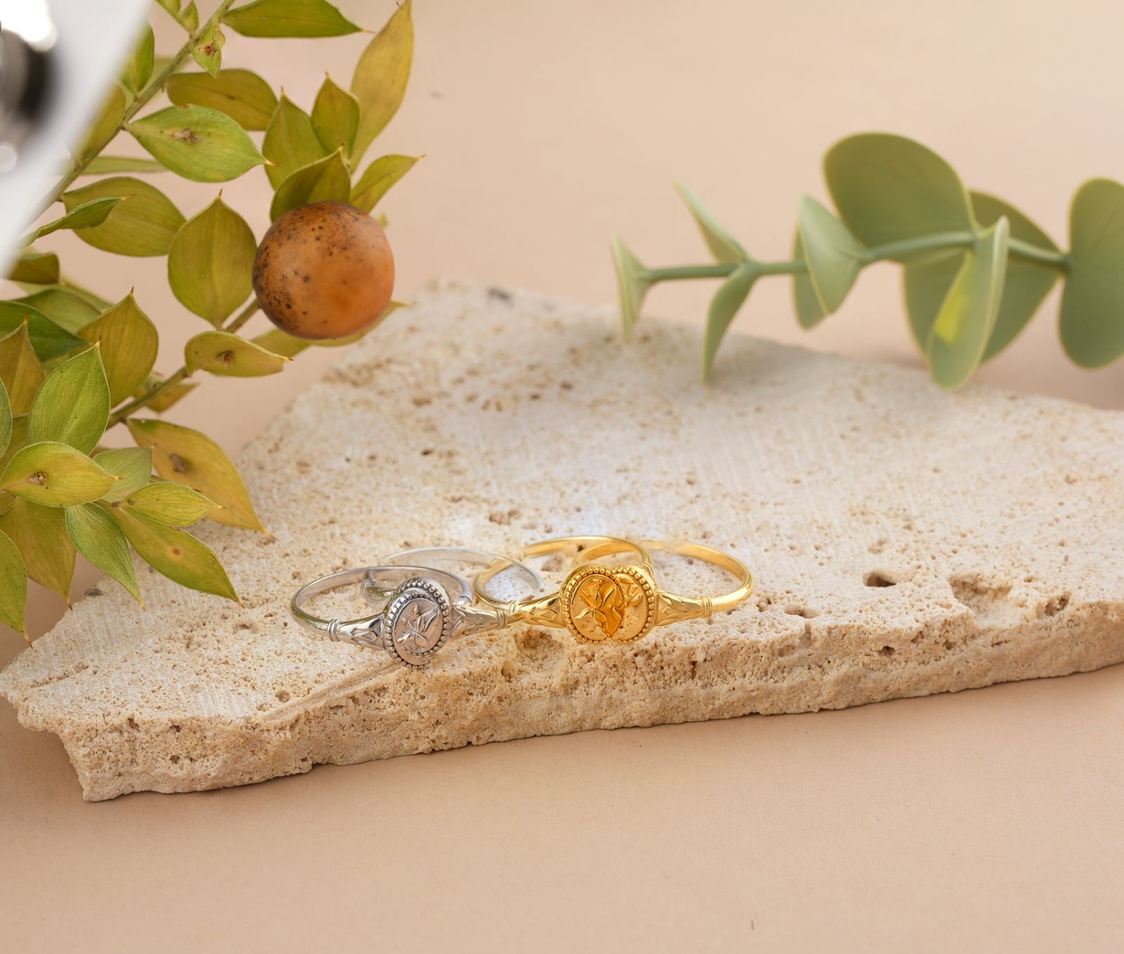 Hummingbird Signet Pinky Ring in sterling silver and gold vermeil on a stone surface with greenery.