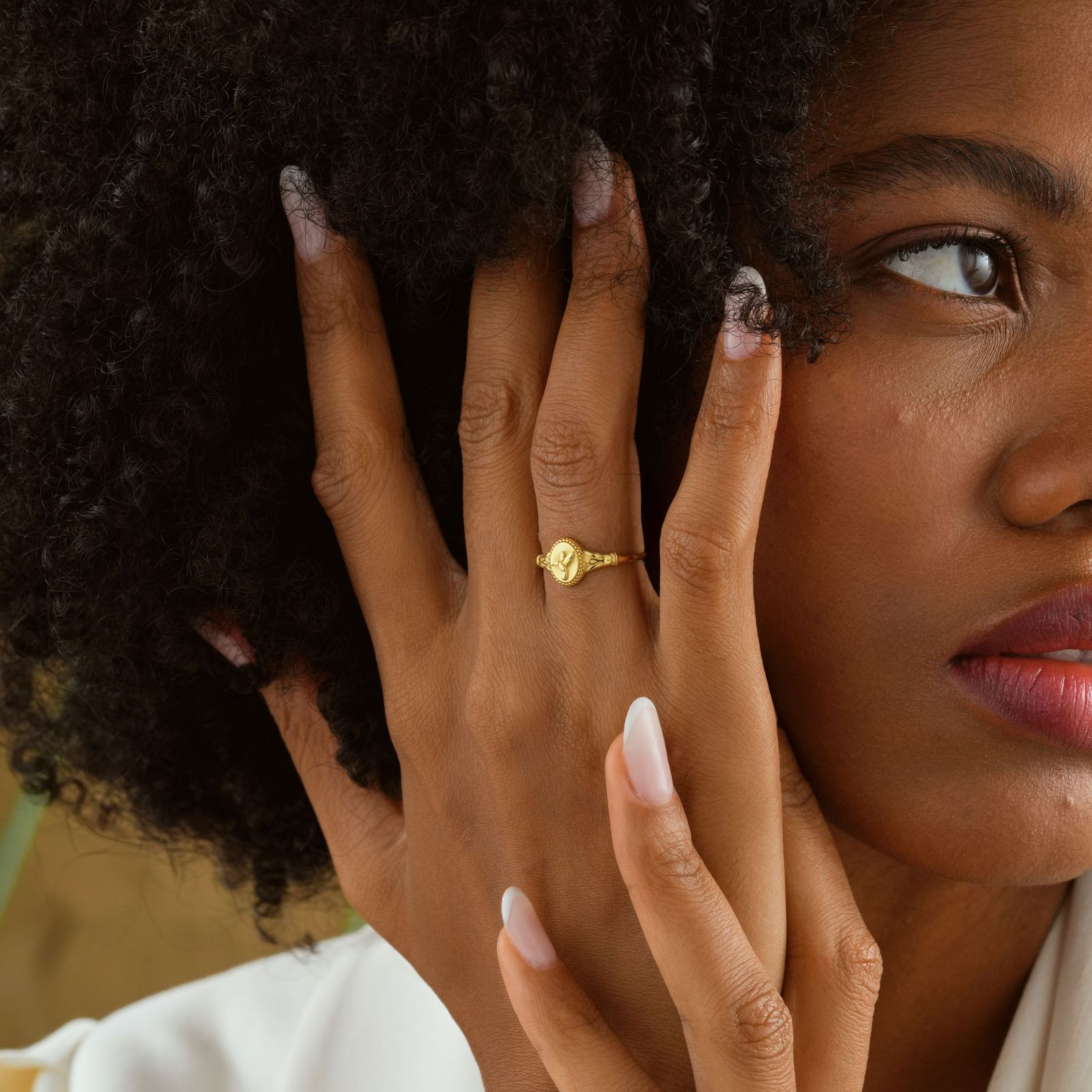 Model wearing a Hummingbird Signet Pinky Ring in gold vermeil, showcasing stylish hand and ring details.