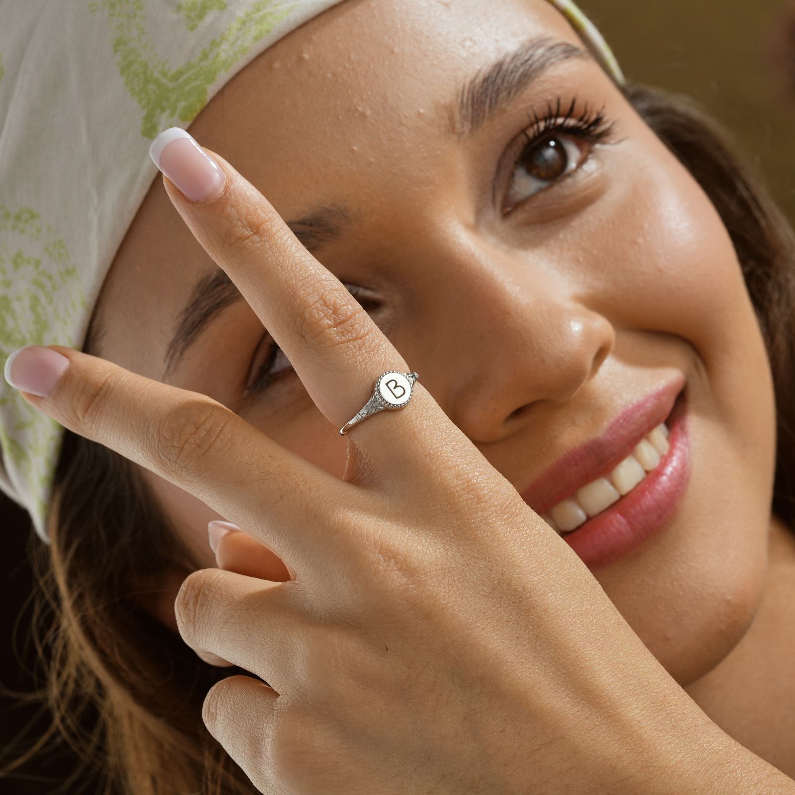 Personalized Initial Signet Letter Ring displayed on a model's hand showcasing the letter B.