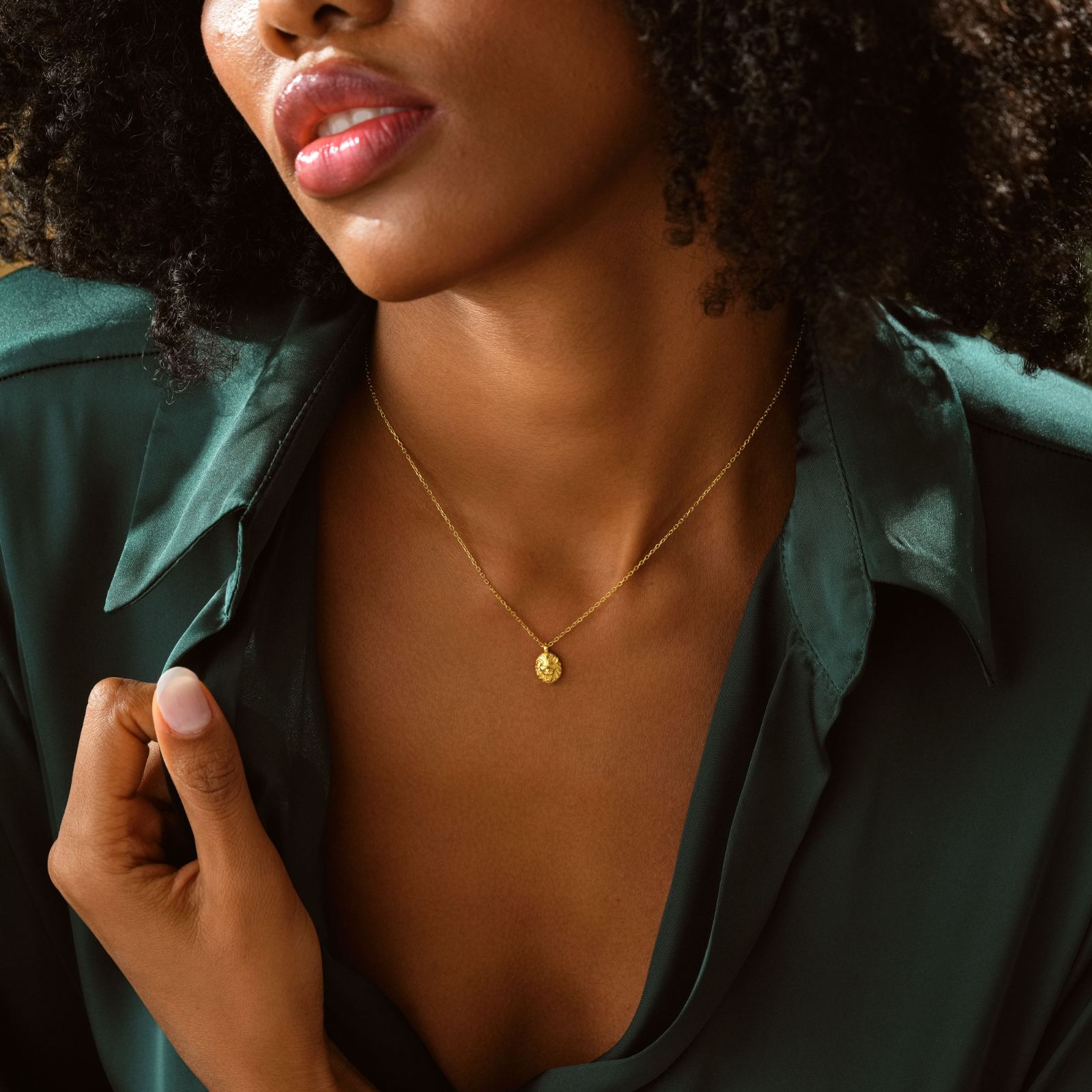 Lion Pendant Necklace worn by a model featuring gold vermeil finish and minimalist design.