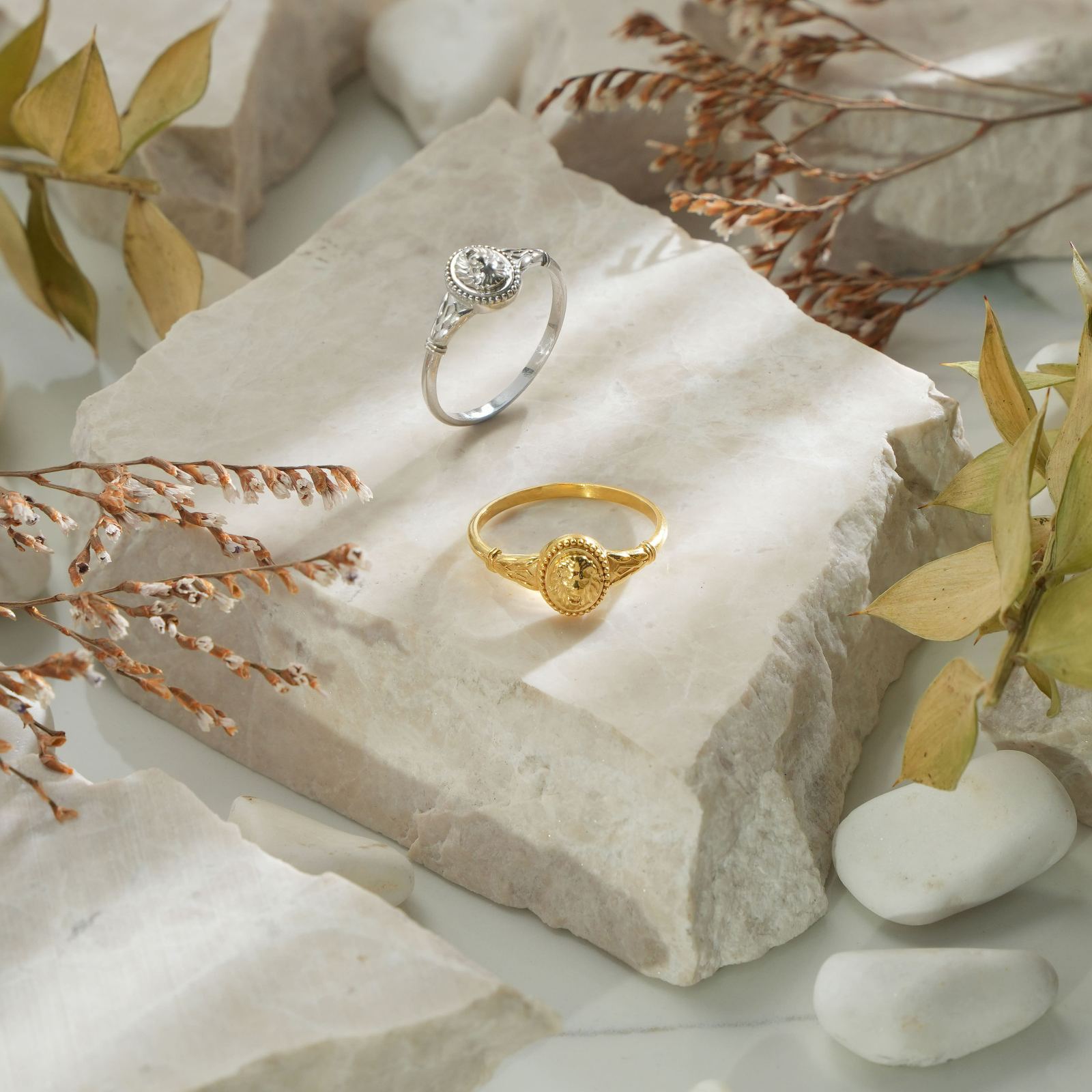 Lion Ring for Leo Minimalist Sterling Silver and Gold Vermeil on natural stone background