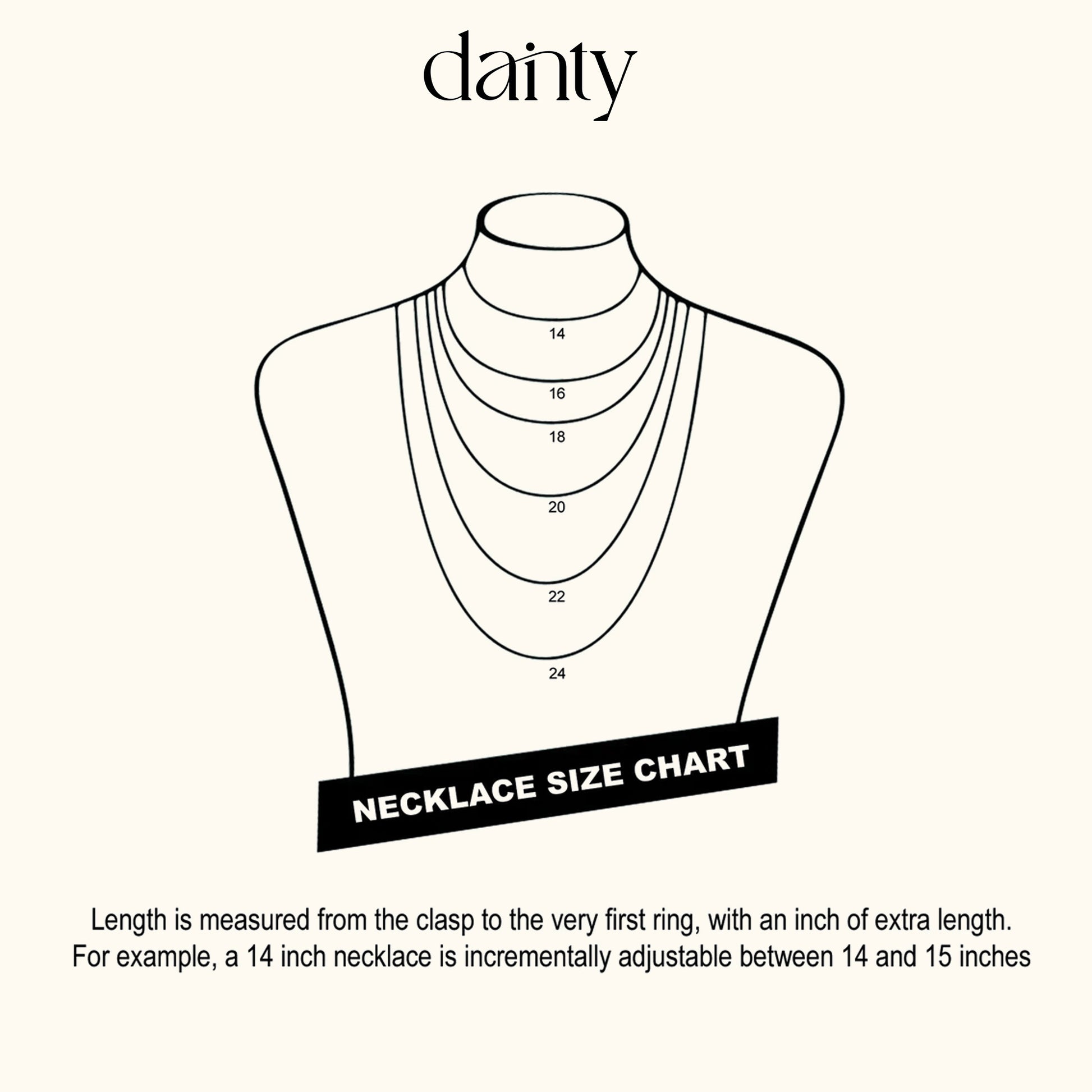 Necklace size chart showing adjustable lengths from 14 to 24 inches on a display bust.