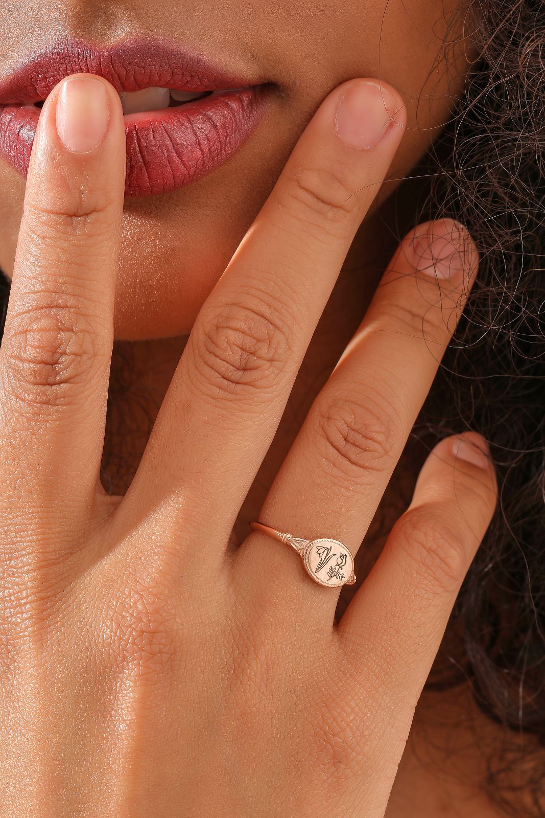Personalized Birth Flower Signet Ring - Dainty Personalized