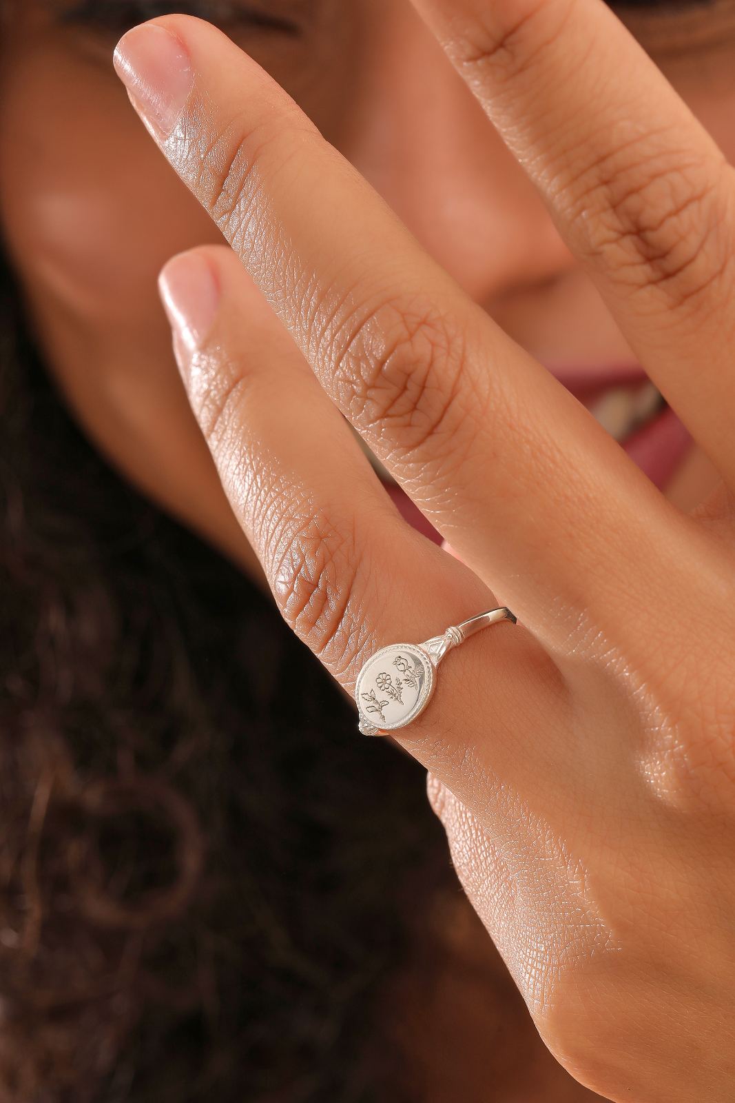 Personalized Birth Flower Signet Ring - Dainty Personalized