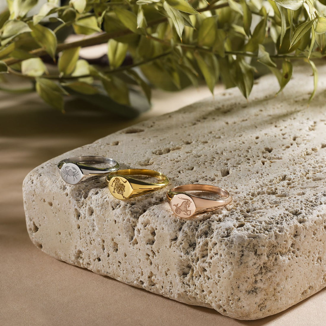 Personalized Zodiac Signet Ring worn on a hand, showcasing its gold vermeil finish and intricate design.