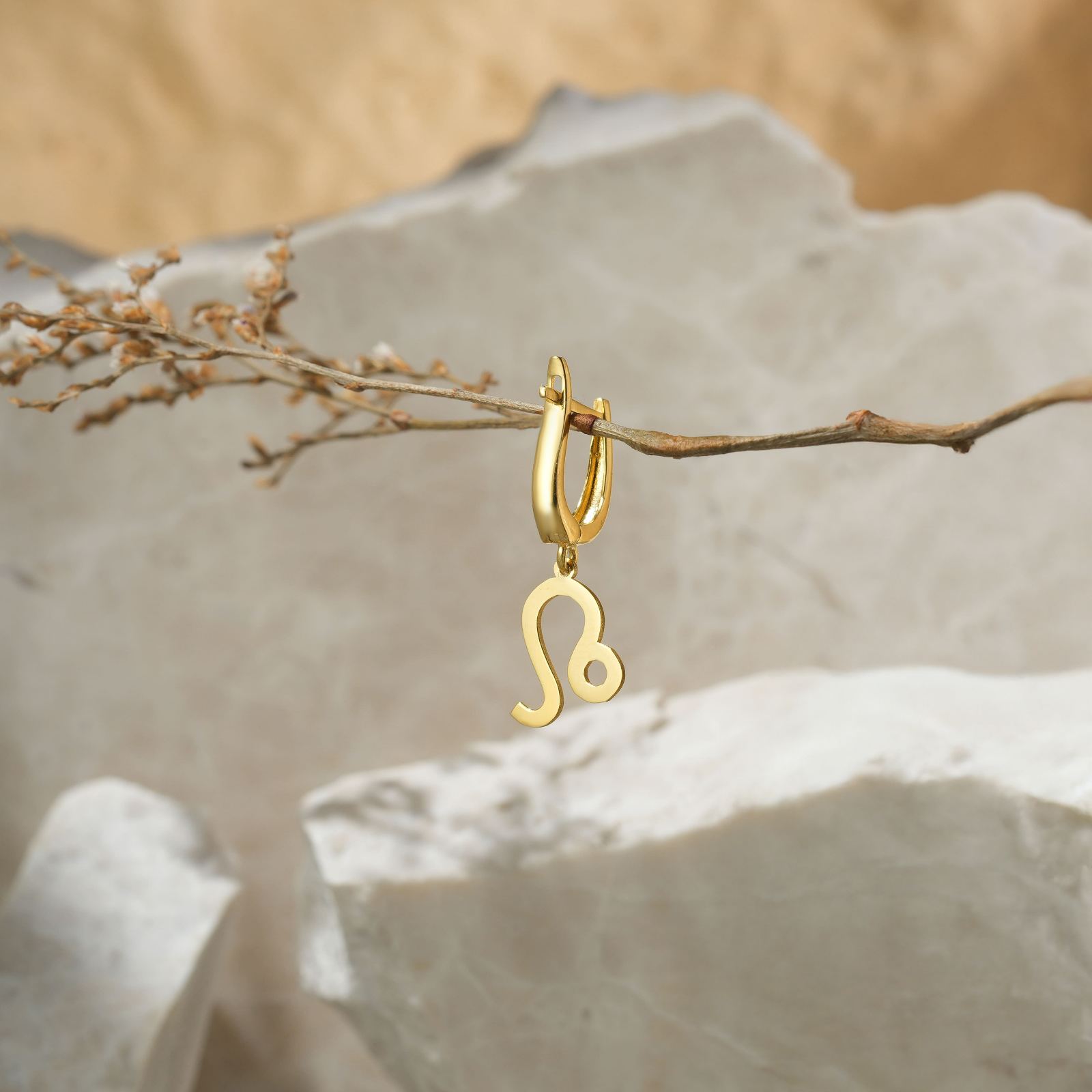 Personalized Zodiac Earrings Sterling Silver featuring a gold Leo charm on a branch.