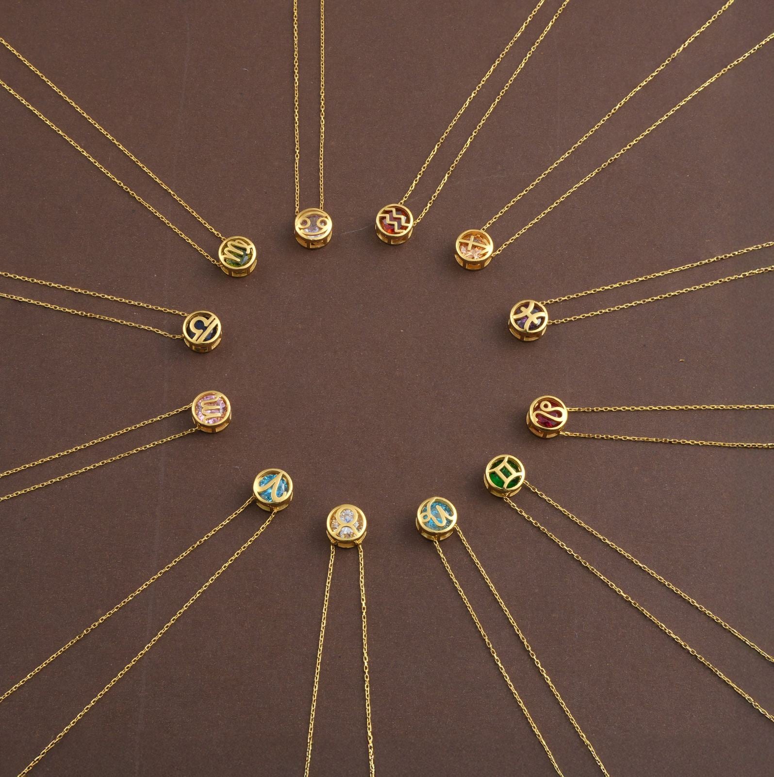 Zodiac Constellation Necklace featuring various birthstones in a circular arrangement on a brown background.